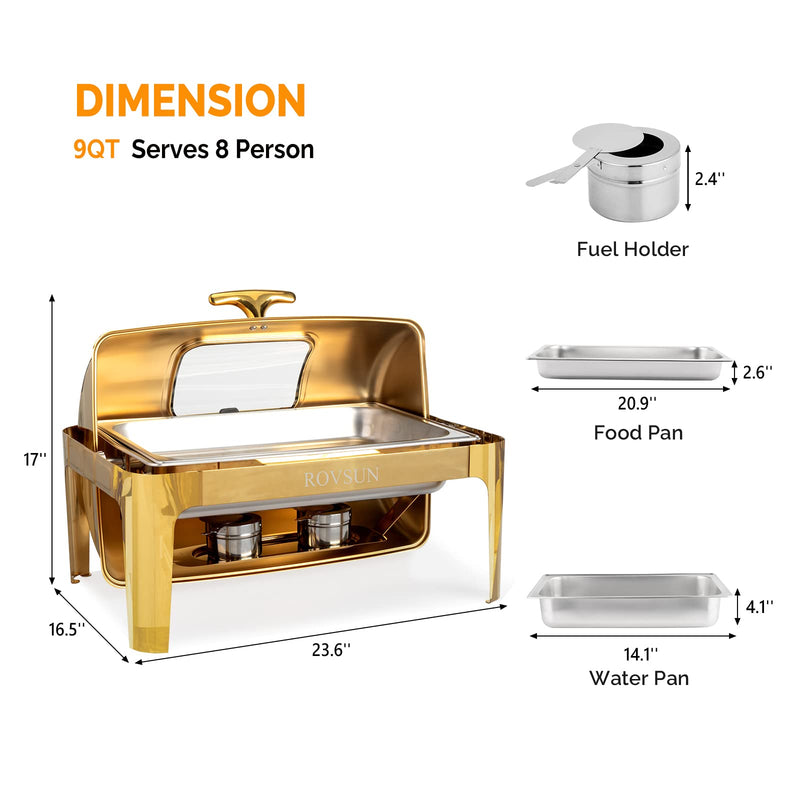 ROVSUN 9 QT Gold Rectangle Roll Top Chafing Dish Buffet Set with Full Size Pan & Glass Window