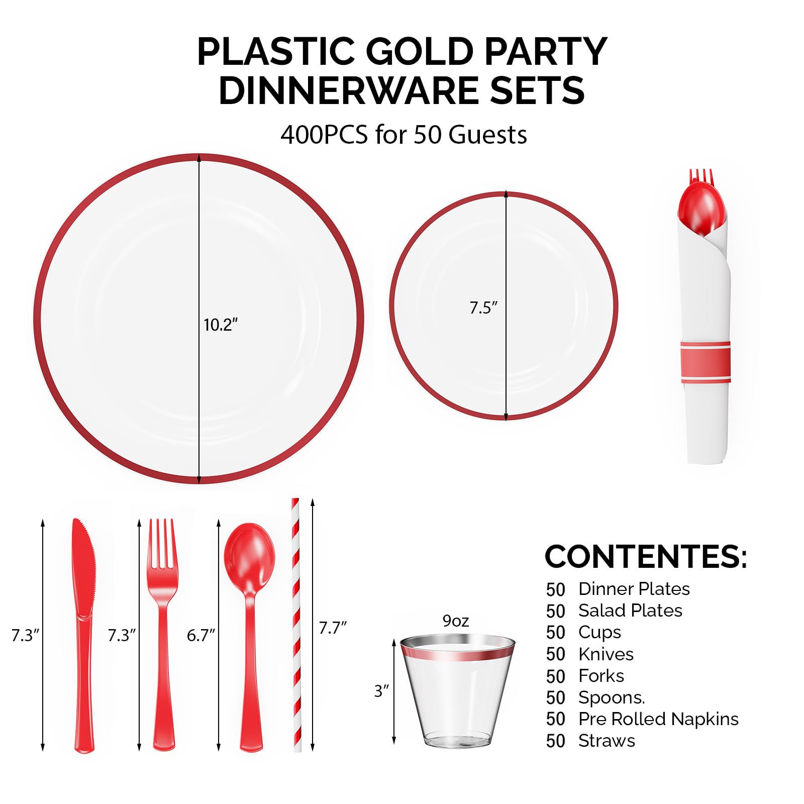 ROVSUN 400 Pieces Pre Rolled Napkins Red Disposable Plastic Dinnerware Set for 50 Guests