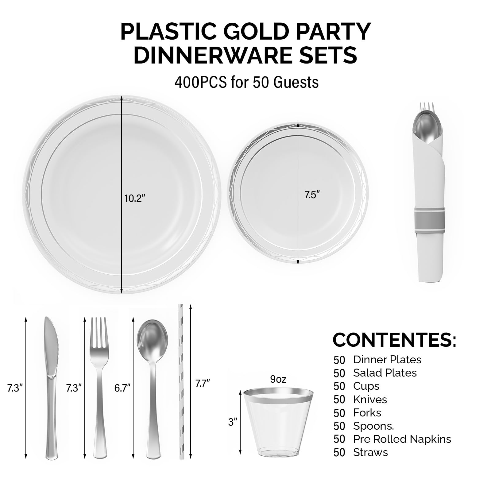 ROVSUN 400 Pieces Pre Rolled Napkins Silver Disposable Plastic Dinnerware Set for 50 Guests