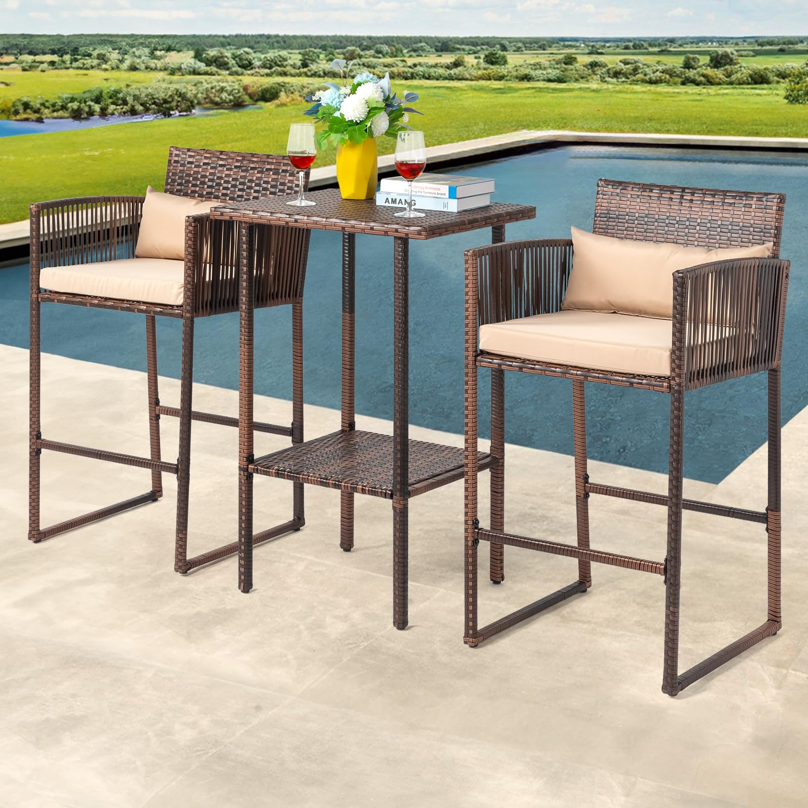 Outdoor Wicker Bar Stools and Table with Storage Shelf