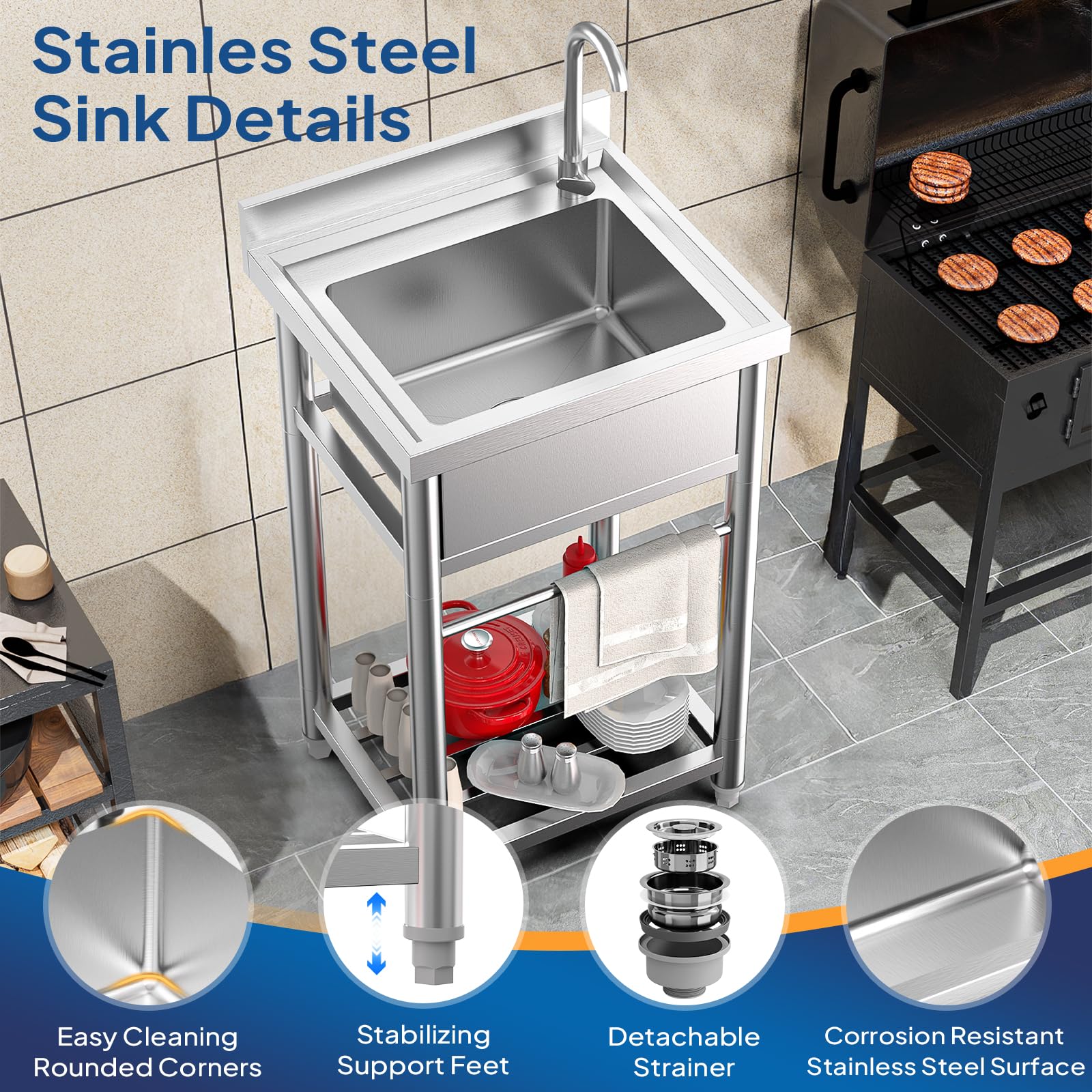 ROVSUN 22" x 20" One Bowl Stainless Steel Sink with Faucet