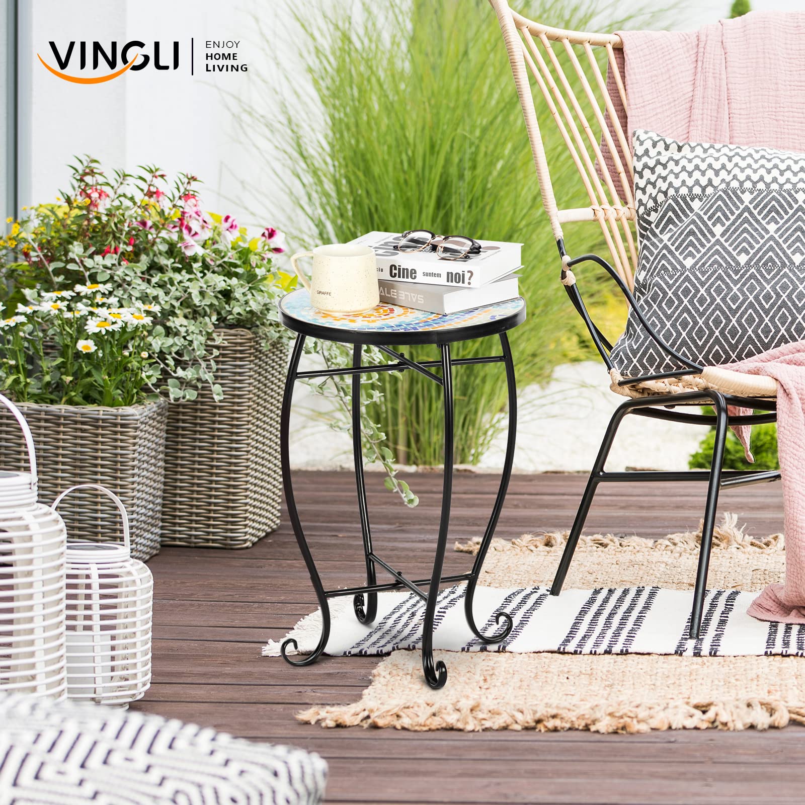 14" Round Mosaic Outdoor Side Table Blue Hawaii