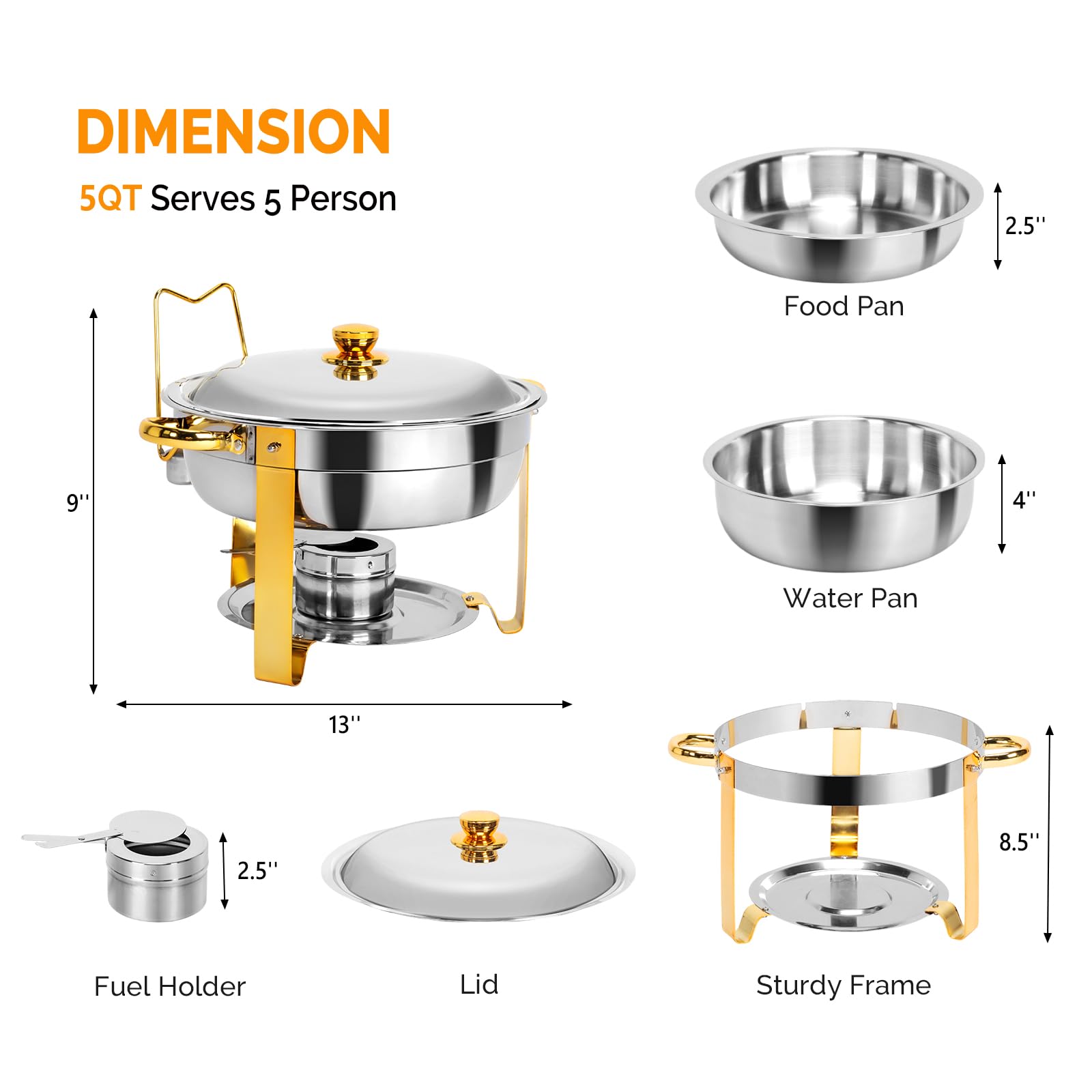 ROVSUN 5 QT Round Gold Chafing Dish Buffet Set with Stainless Steel Lid Holder