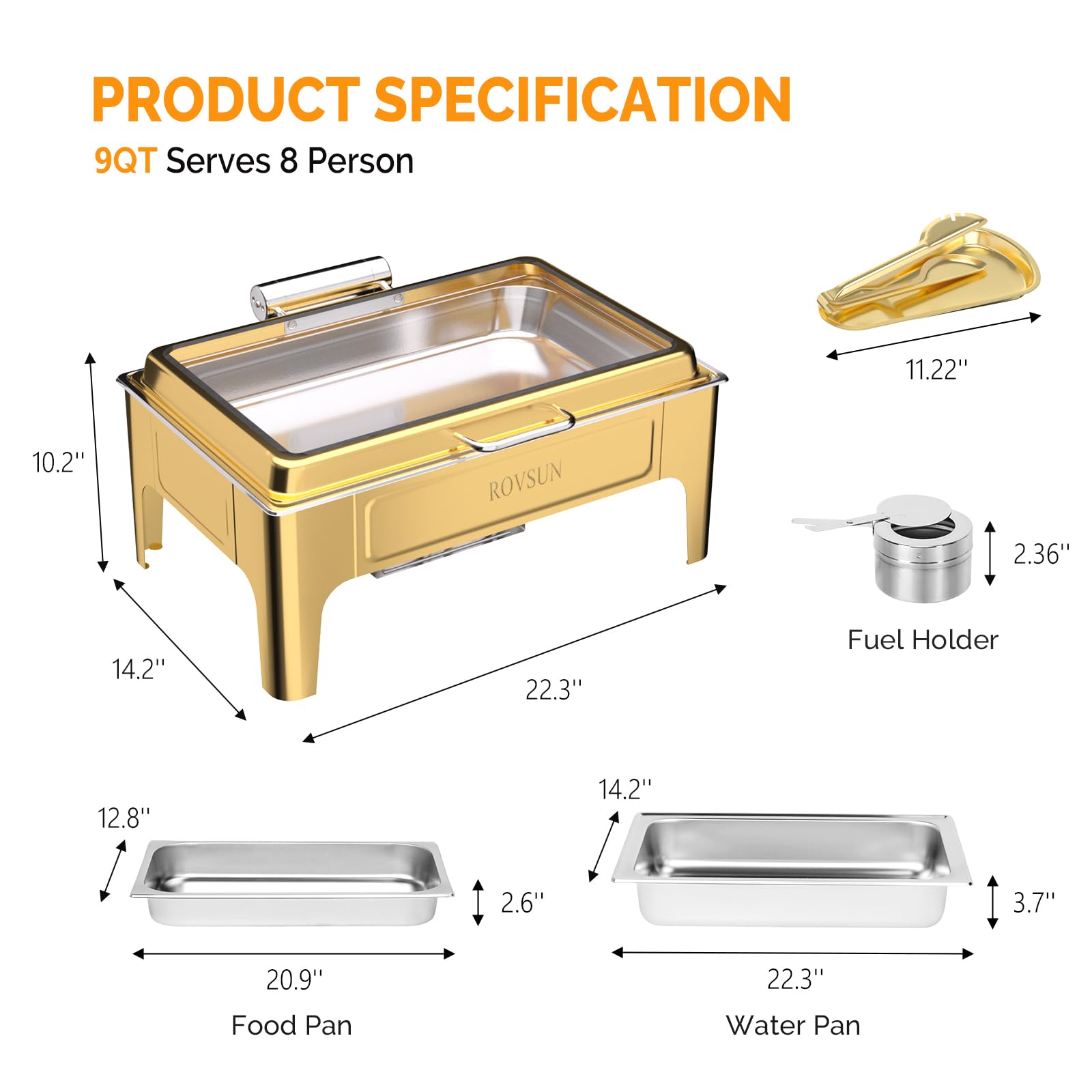 ROVSUN 9 QT Rectangle Gold Chafing Dish Buffet Set with Serving Tong