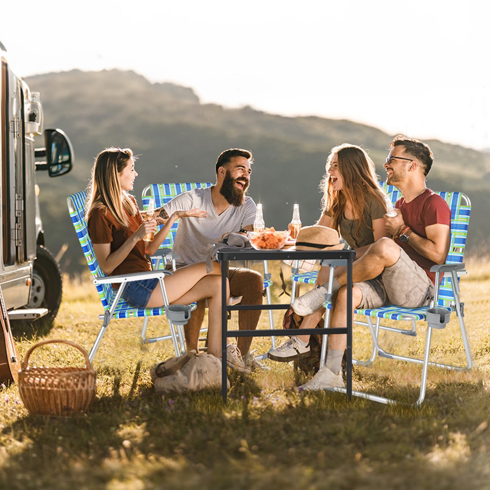 Oversized Outdoor Folding Camping Beach Chair Set with Cup Holder Blue