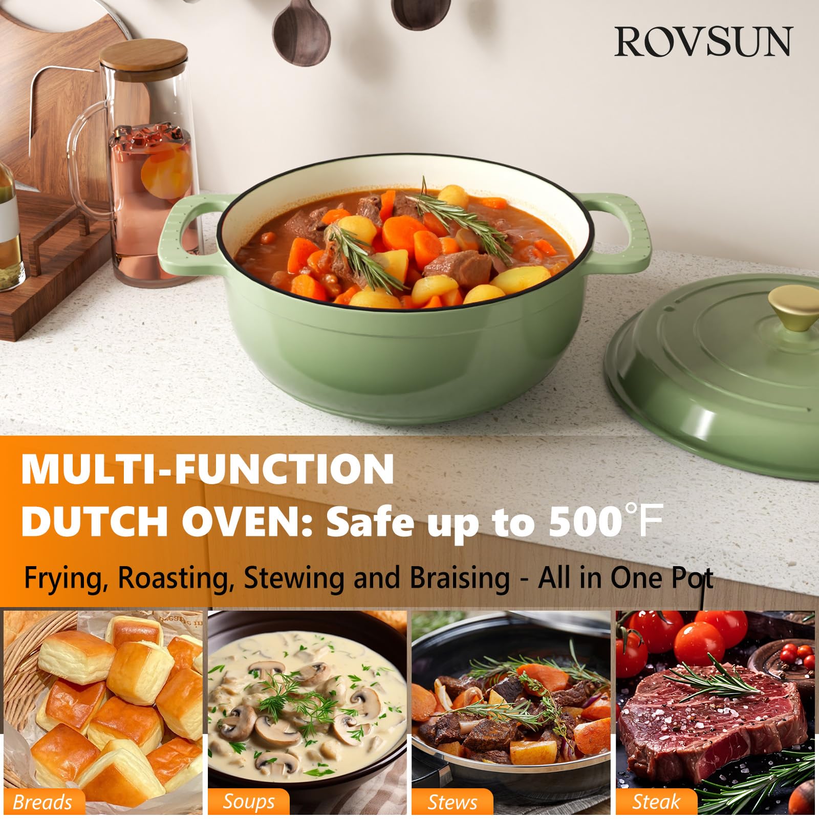 ROVSUN 7.5 QT Enameled Cast Iron Round Dutch Oven Sage Green