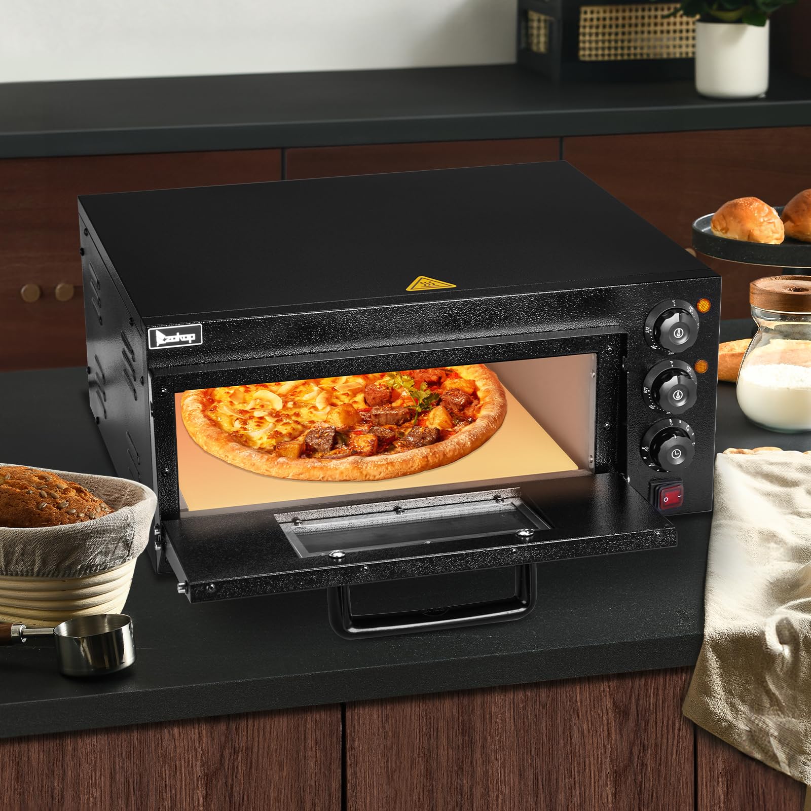 14" 2000W 110V Single Deck Pizza Oven with Visible Window Black