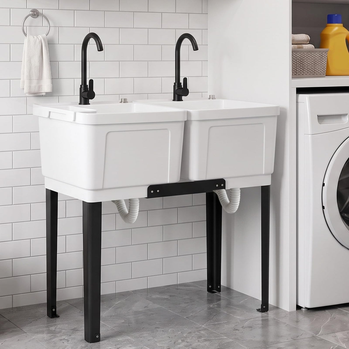 ROVSUN 40" X 19" Double Plastic Laundry Sink with 2 Faucets