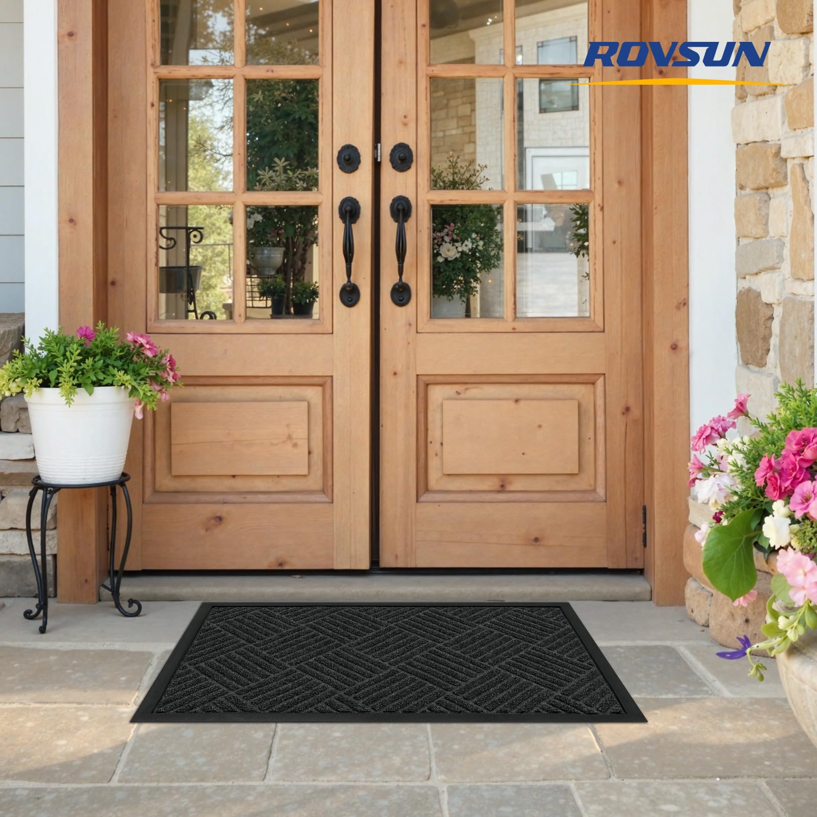 ROVSUN 29.5" × 17.7" Front Door Mat with Diamond Pattern Non-Slip Grey