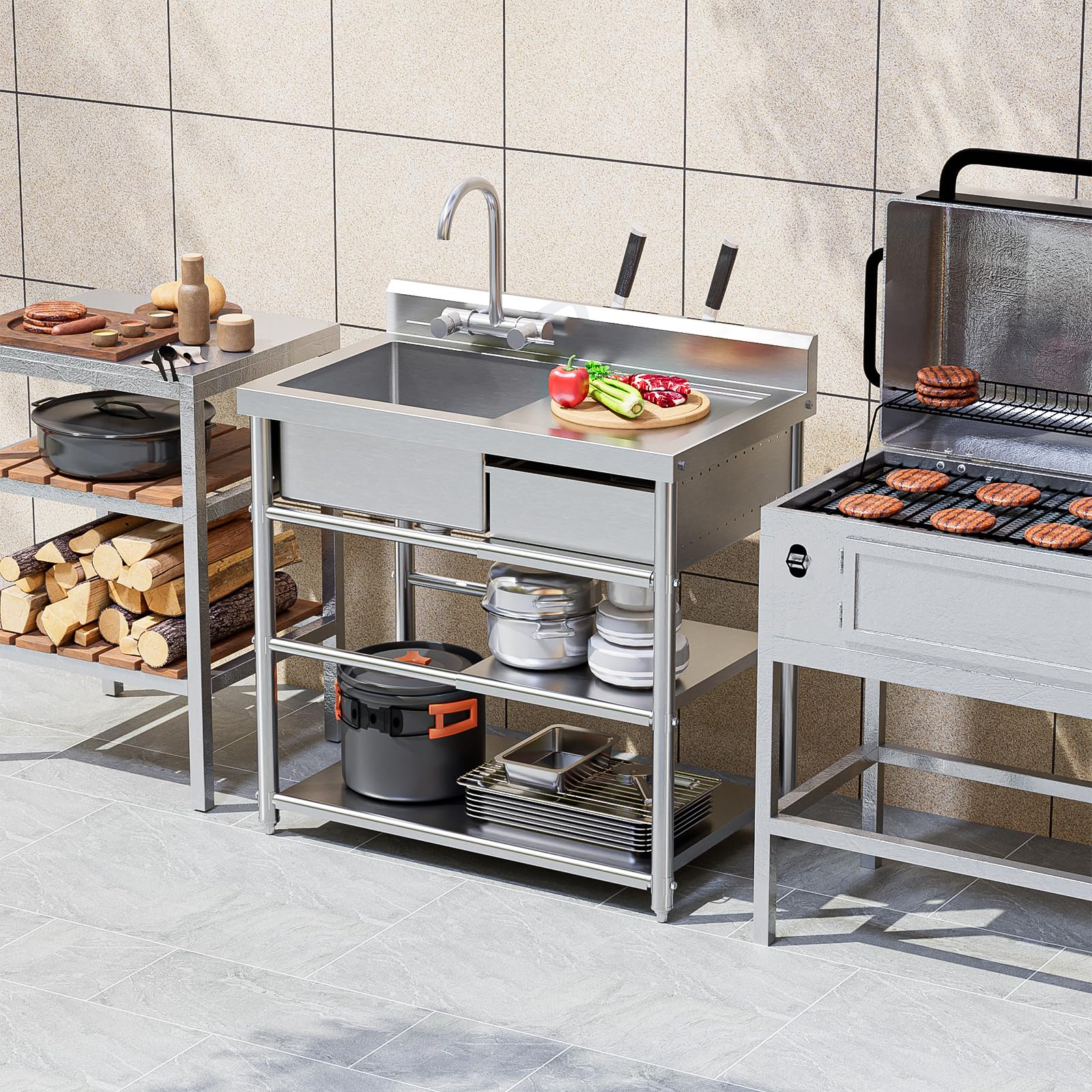 ROVSUN 36" x 21" 1 Compartment Stainless Steel Sink with Storage Drawer