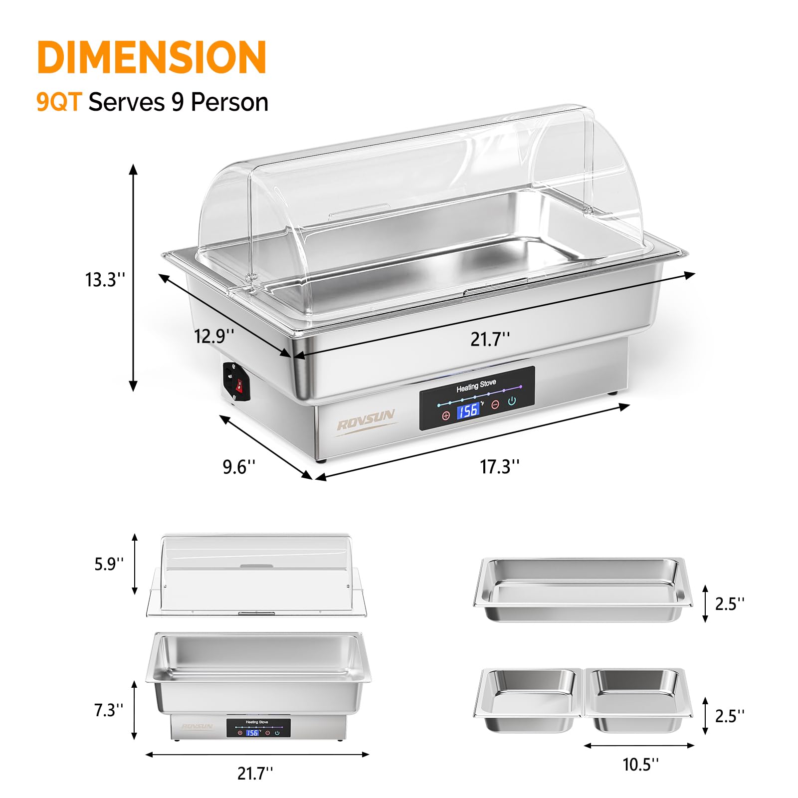 ROVSUN 9 QT Roll Top Electric Chafing Dish Buffet Set with PC Lid/Temp Control