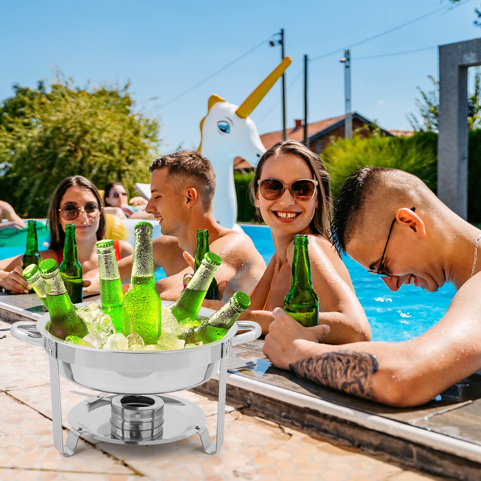 ROVSUN 5 QT Round Silver Chafing Dish Buffet Set with Glass Lid & Lid Holder