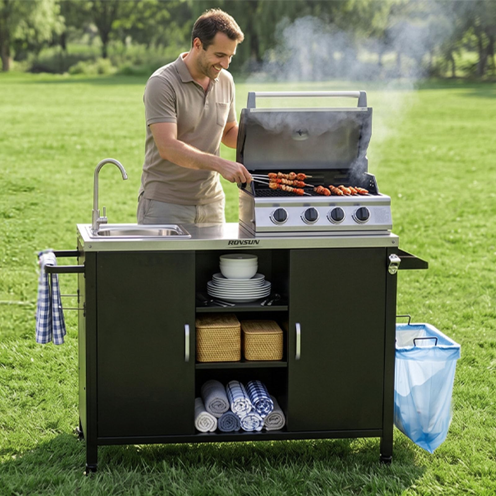 ROVSUN 62" Outdoor Grill Cart with Sink & with Gas Storage Area