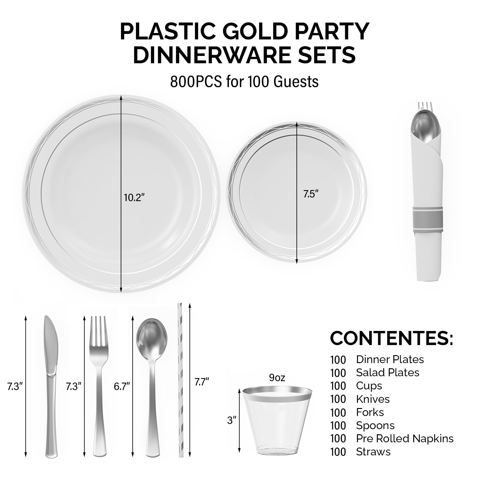 ROVSUN 800 Pieces Pre Rolled Napkins Silver Disposable Plastic Dinnerware Set for 100 Guests