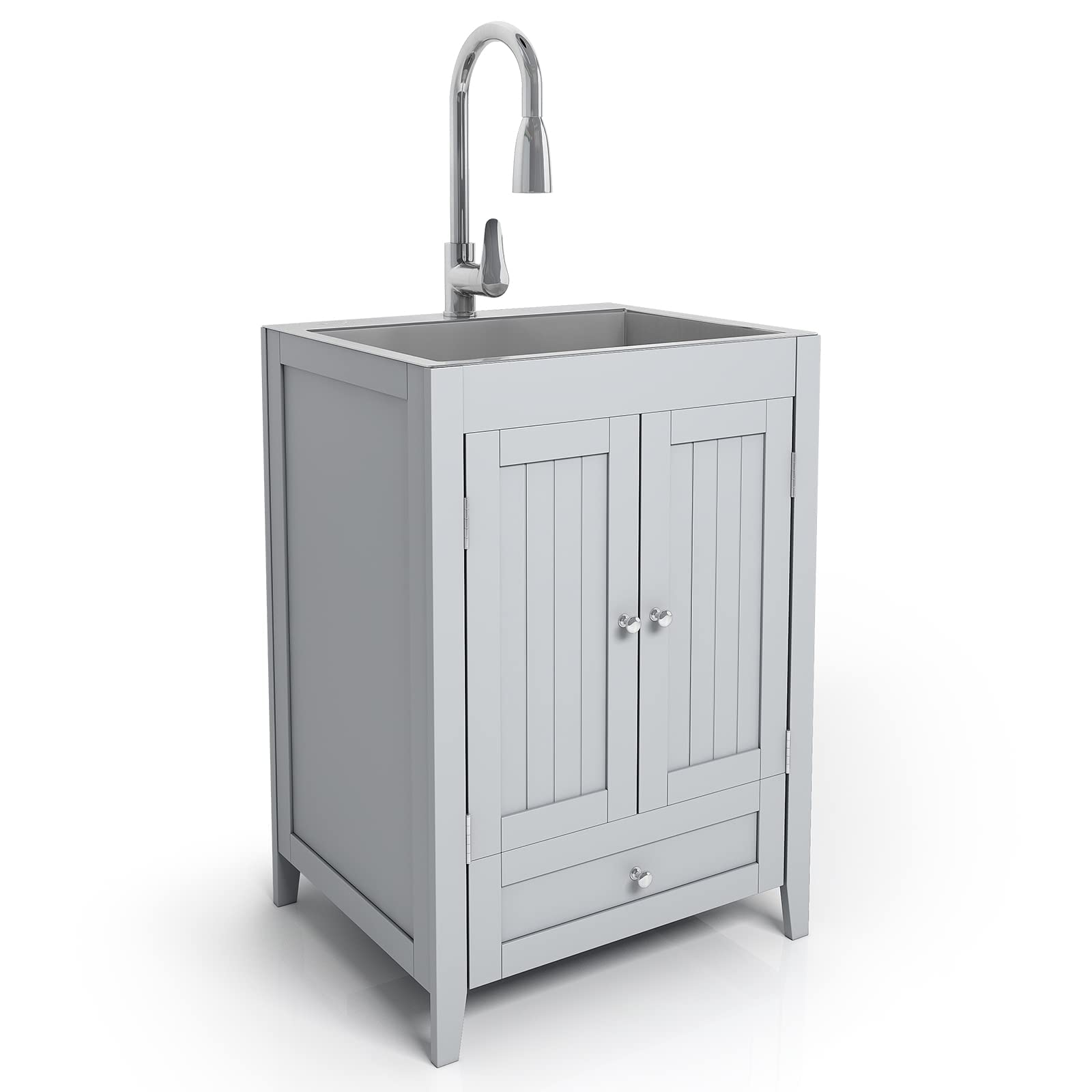 ROVSUN 24" x 20" Utility Sink with Cabinet and Drawer for Kitchen Laundry Room Grey