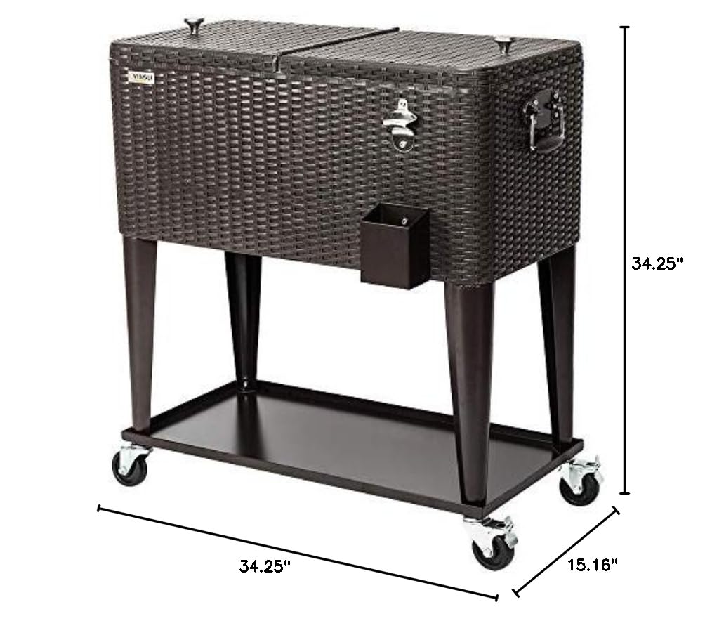 80 Quart Portable Outdoor Patio Rolling Cooler Cart Black Brown