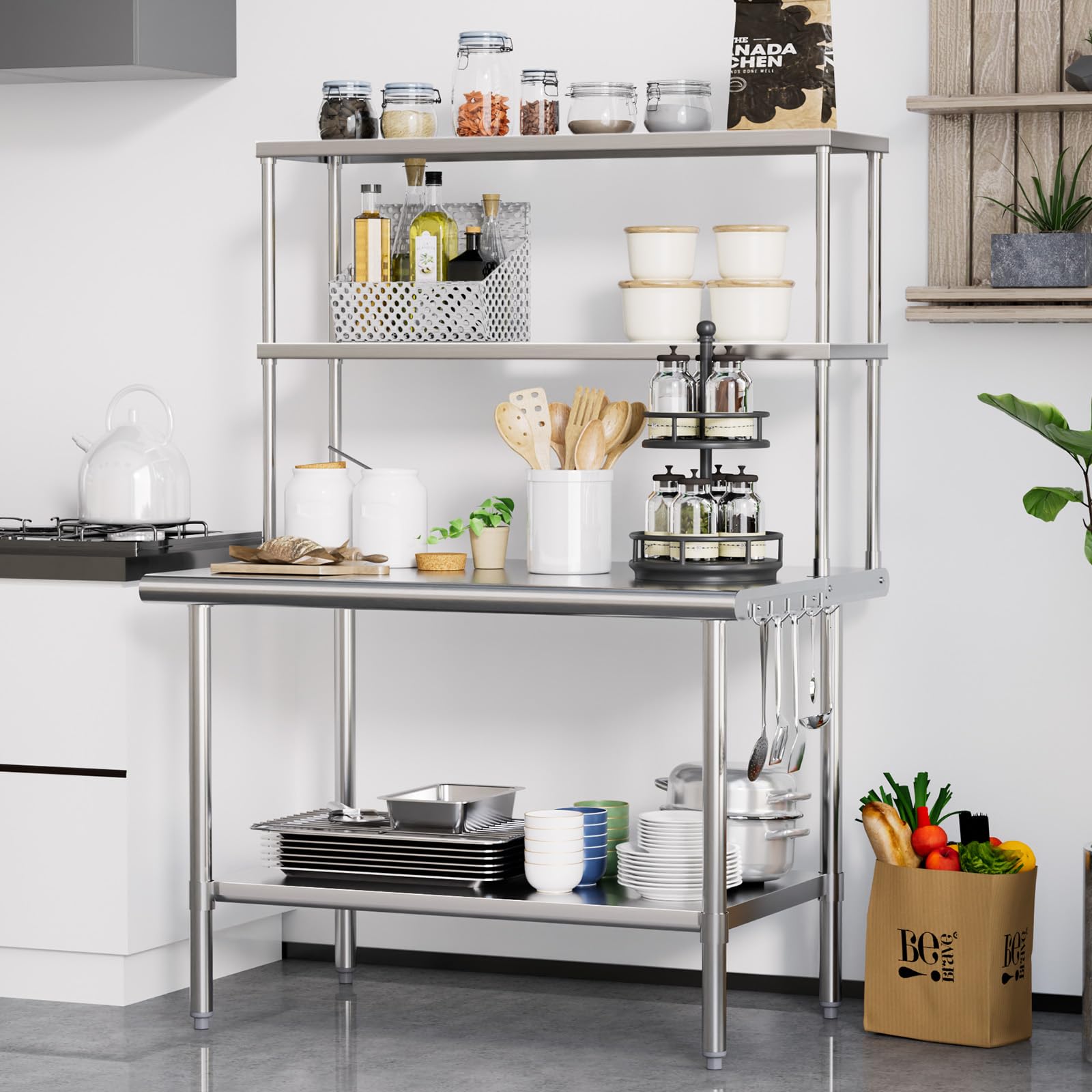 ROVSUN 48" X 30" Stainless Steel Table with Overshelves