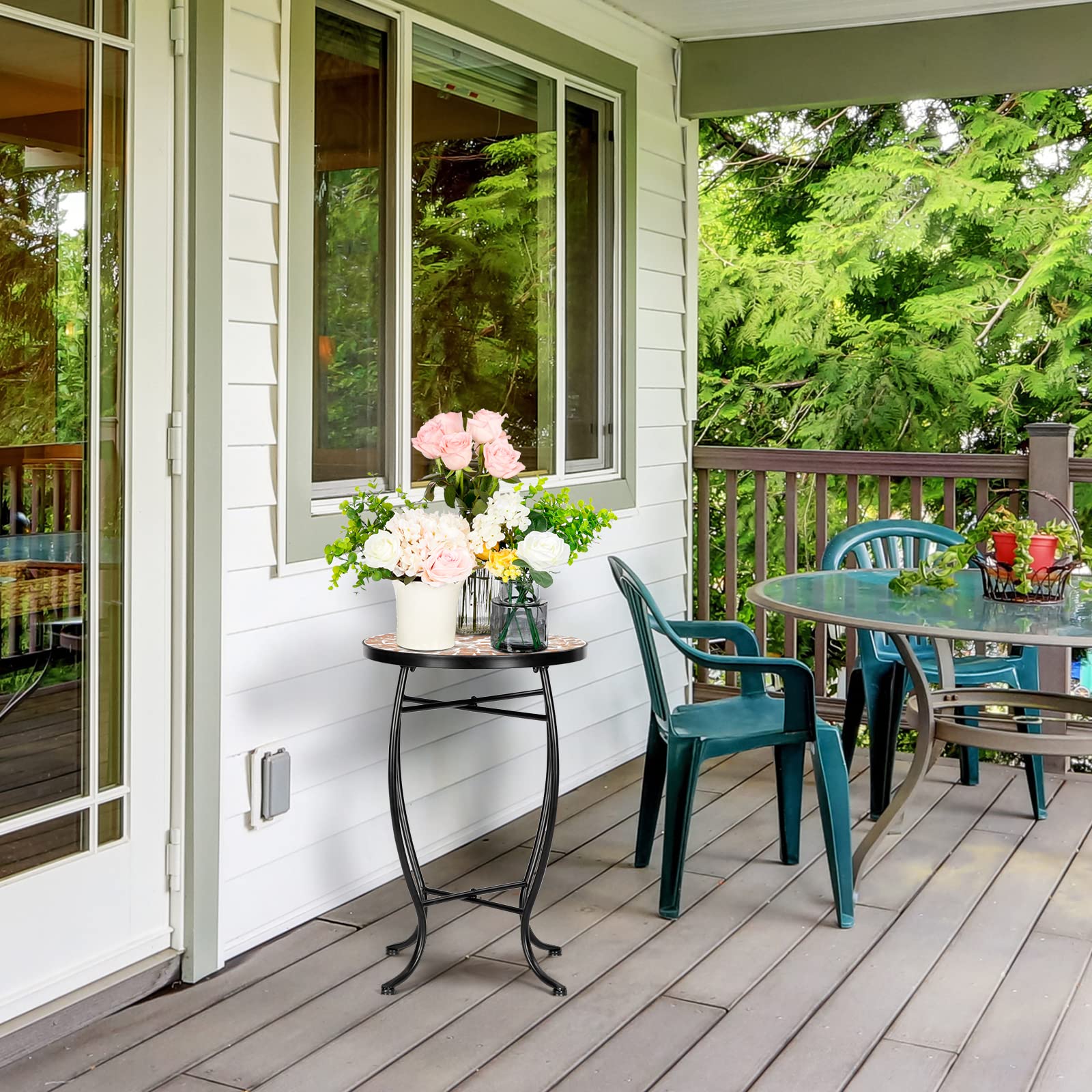 14" Round Mosaic Outdoor Side Table Golden Yard