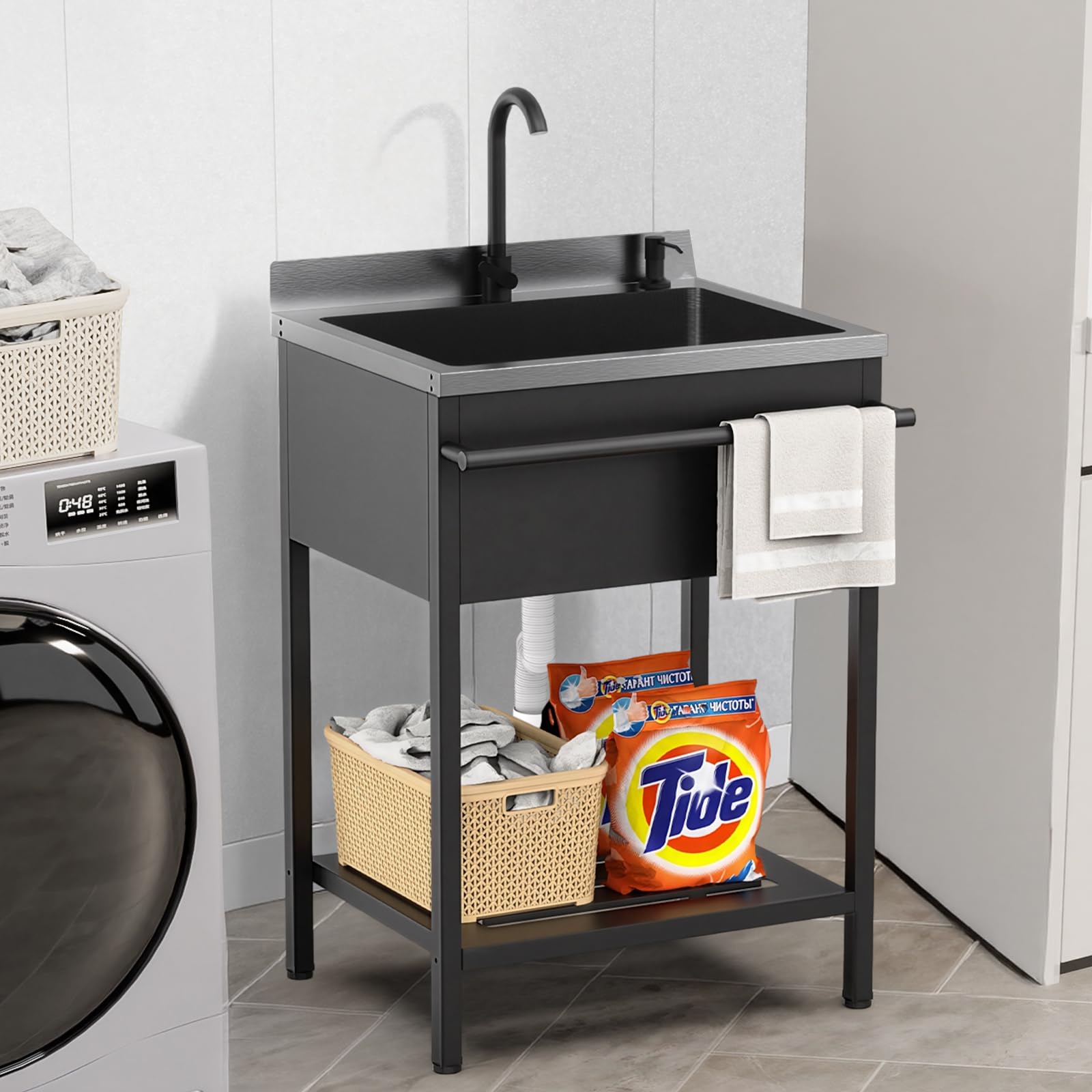 ROVSUN 26" x 21" Stainless Steel Utility Sink with Towel Rack