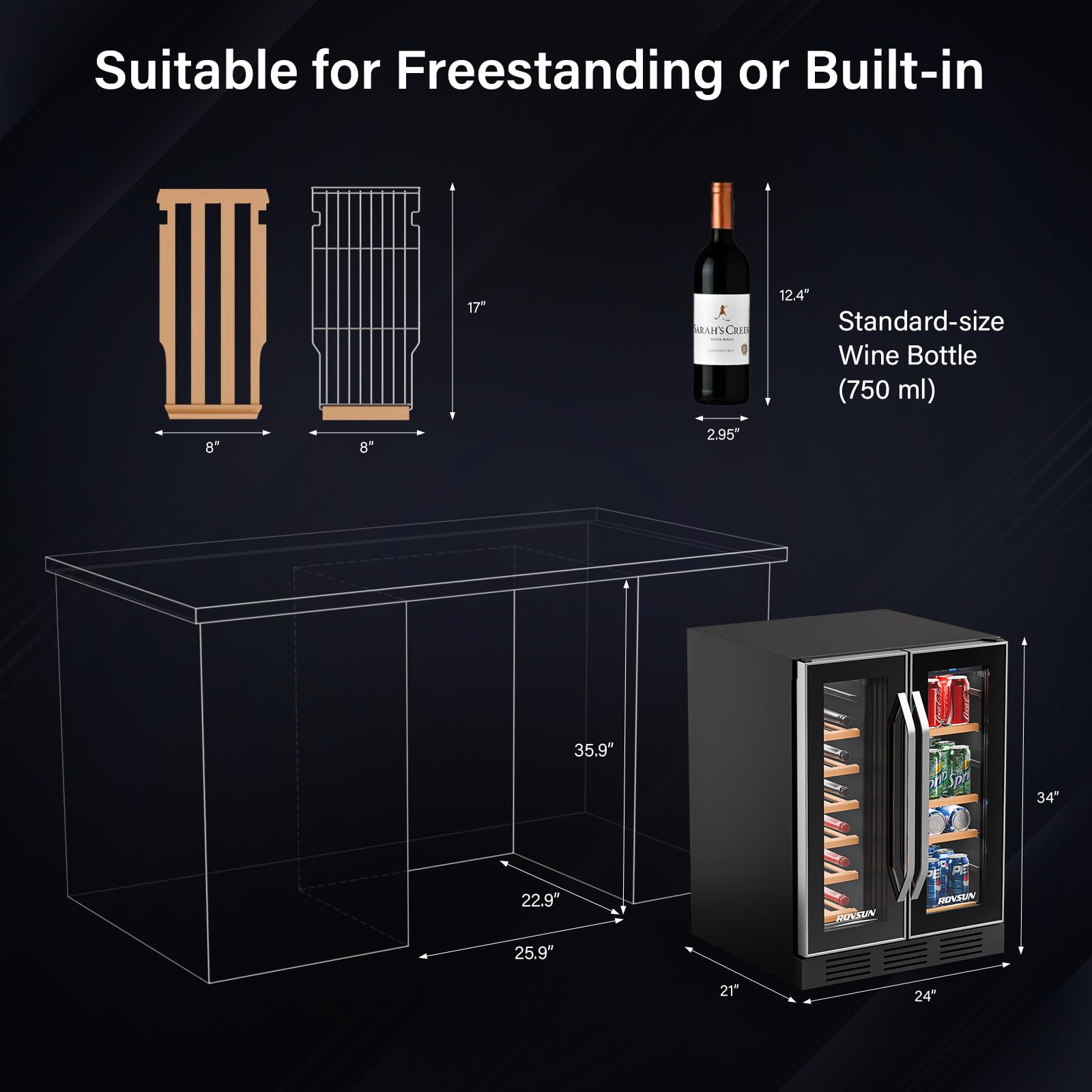 ROVSUN 34-Bottle 24" Wide Dual Zone Wine Cooler Fridge with Digital Temp Control