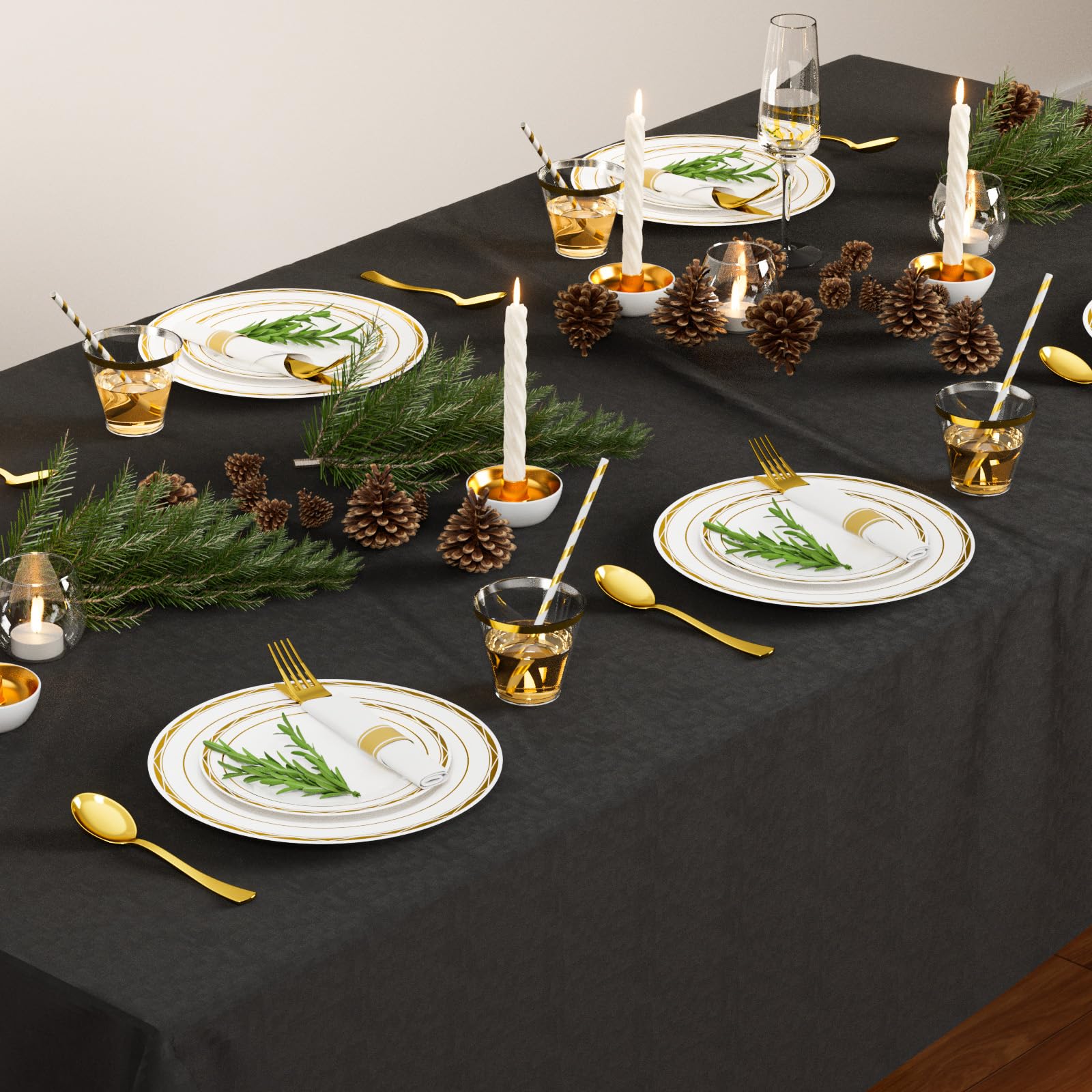 ROVSUN 400 Pieces Pre Rolled Napkins Gold Disposable Plastic Dinnerware Set for 50 Guests