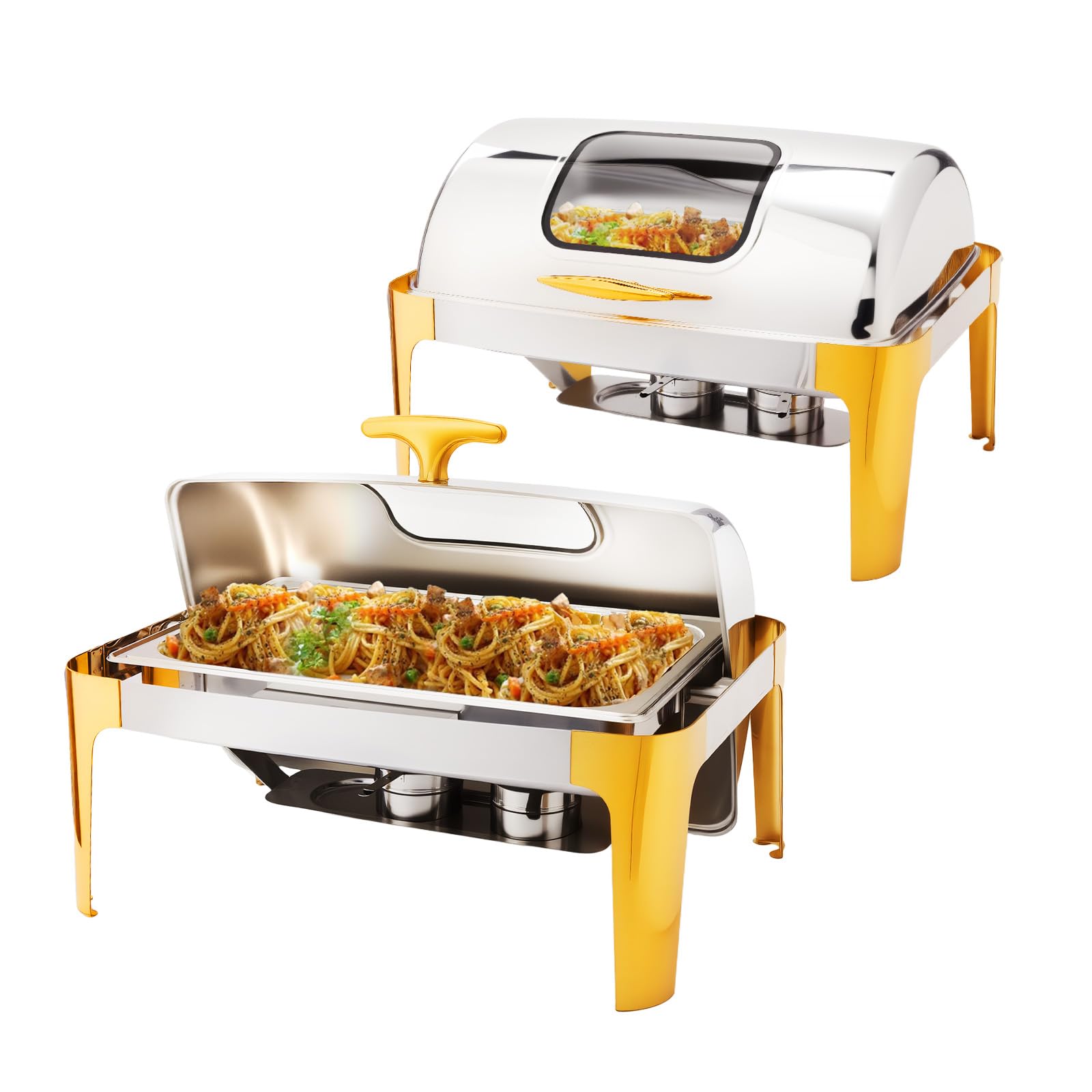 ROVSUN 9 QT Roll Top Rectangular Silver-Gold Chafing Dish Buffet Set with Visible Window