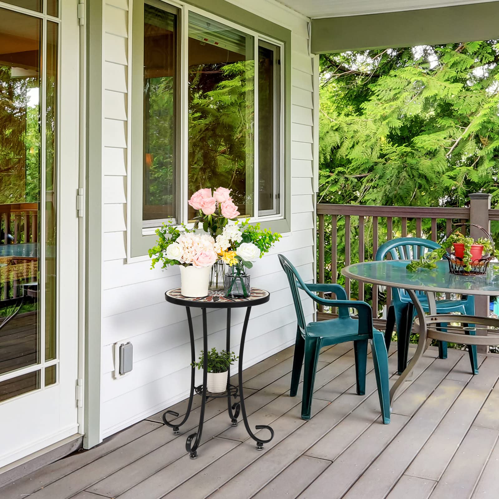 14" Round Mosaic Outdoor Side Table Brown Flower