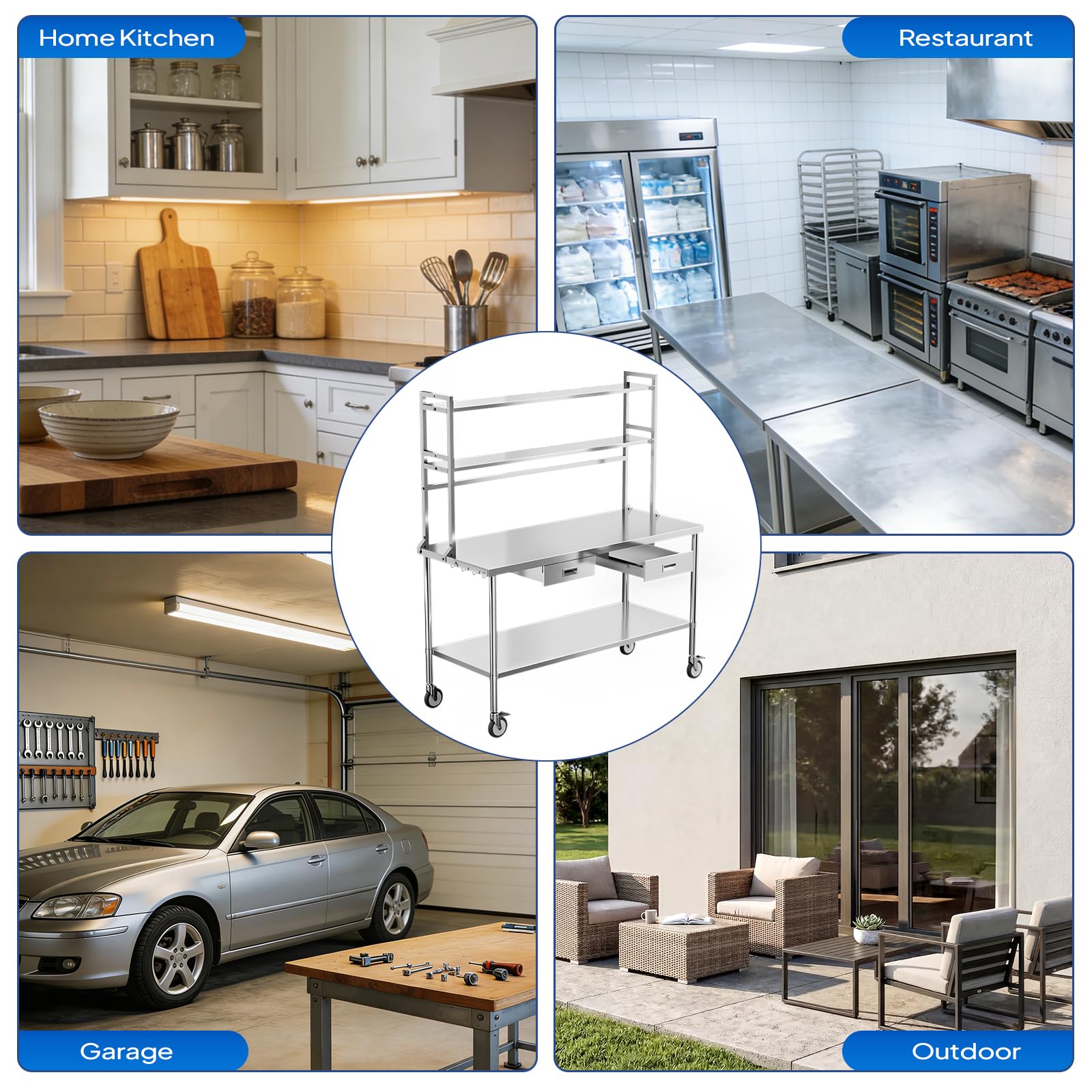 ROVSUN 60" X 24" Stainless Steel Table with Wheels & Drawers
