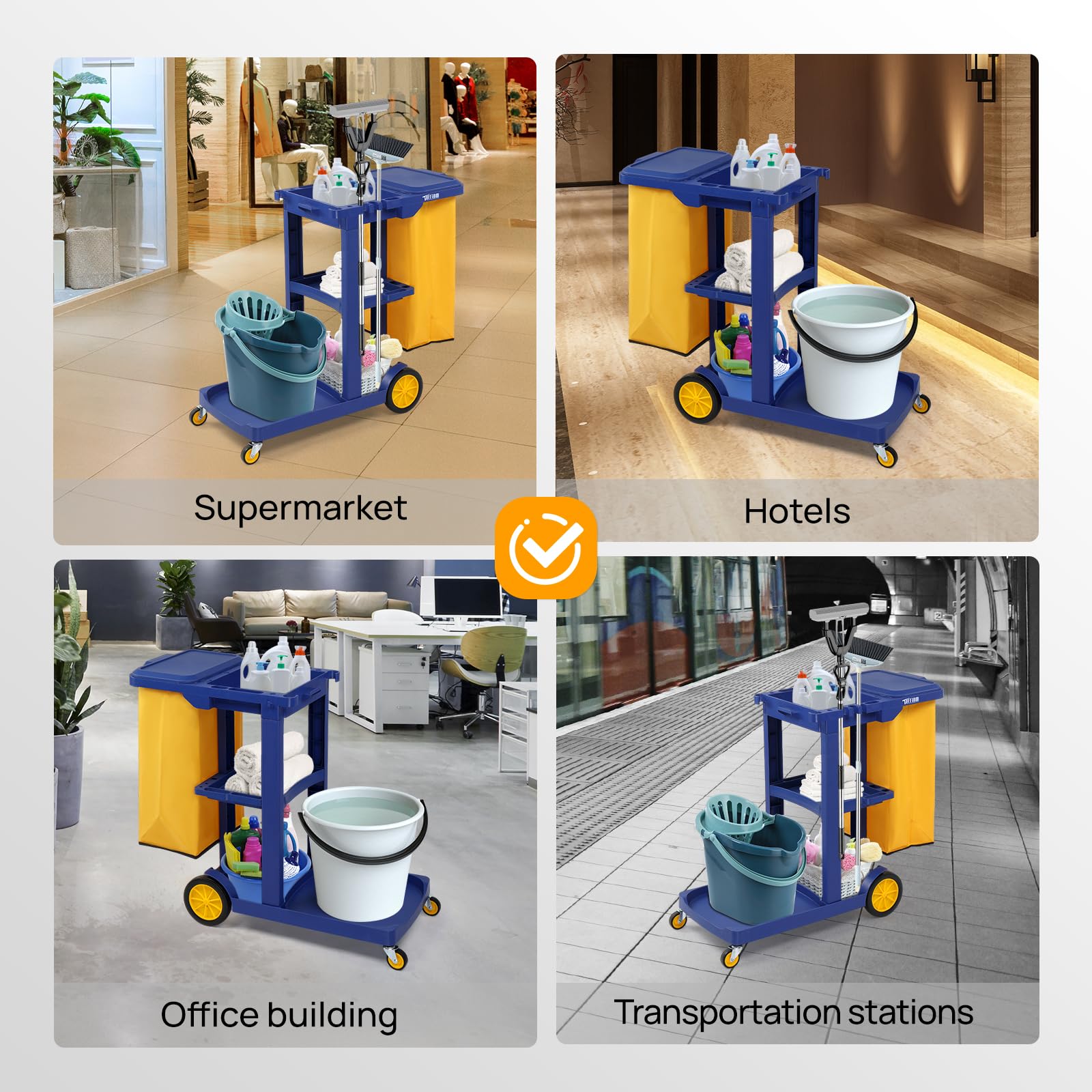 3-Tier 500 LBS Capacity Janitorial Cart with 15 Gallon Bag Blue