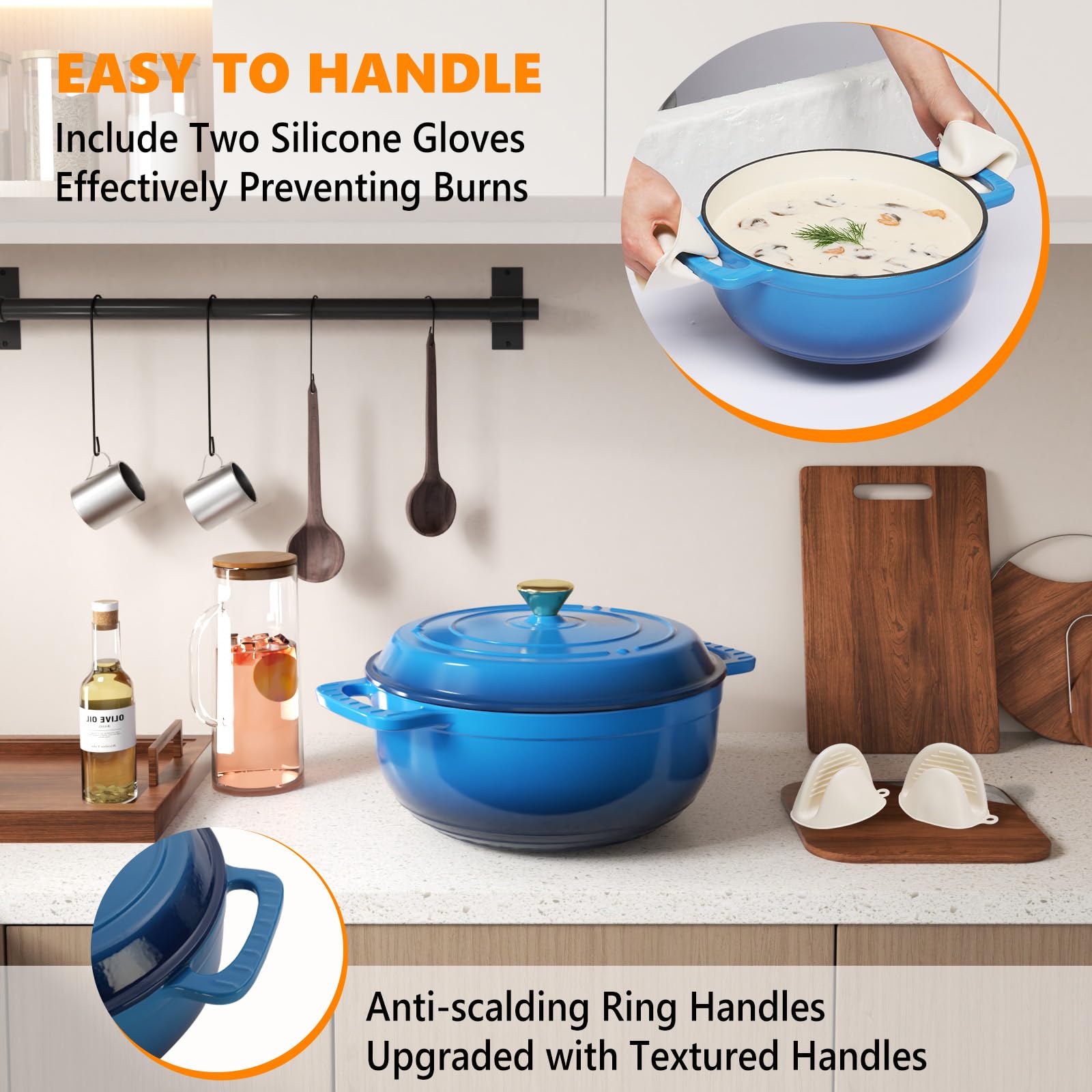 ROVSUN 7.5 QT Enameled Cast Iron Round Dutch Oven Blue