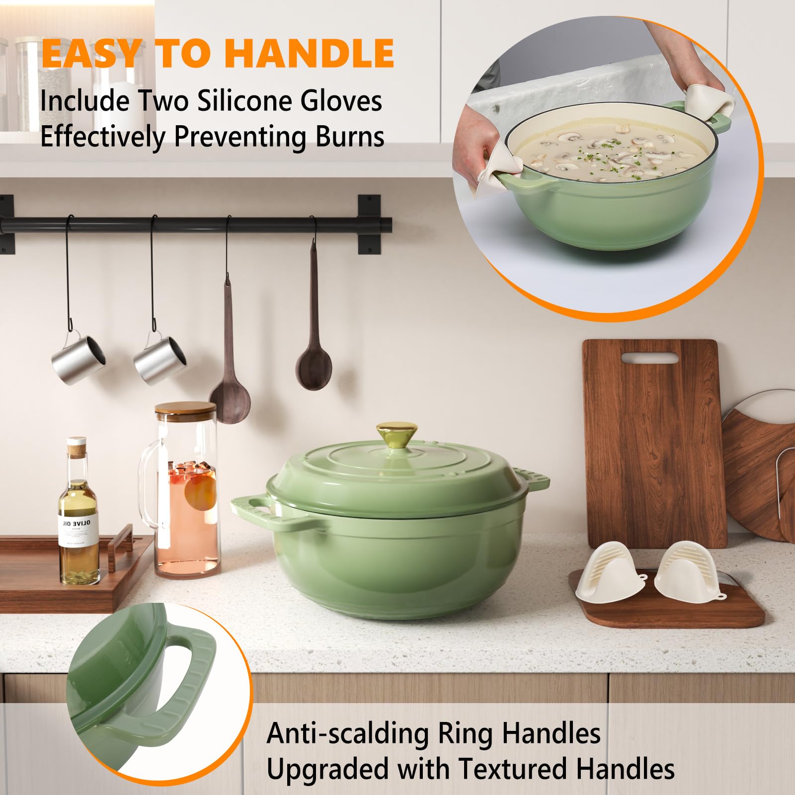 ROVSUN 7.5 QT Enameled Cast Iron Round Dutch Oven Sage Green