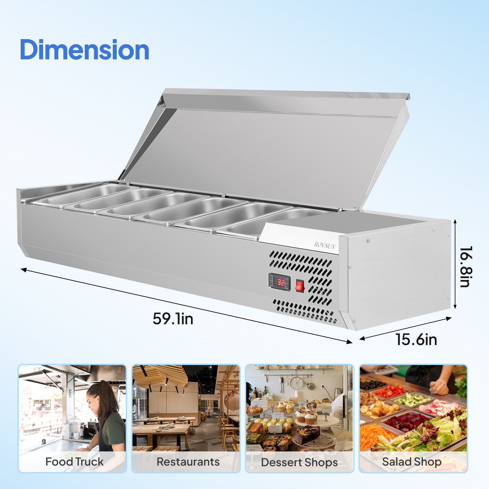 ROVSUN 59" 150W 110V Refrigerated Prep Rail Countertop