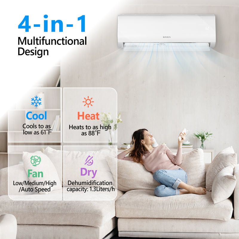 ROVSUN 9000 BTU 19 SEER2 115V Wifi Enabled Ductless Mini Split Air Conditioner with Heat Pump Inverter & Install Kit