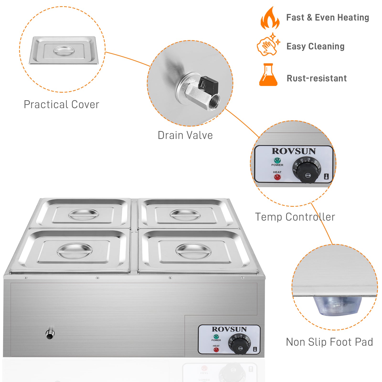 ROVSUN 42.3 QT 1200W 110V 4-Pan Electric Steam Table Food Warmer Countertop