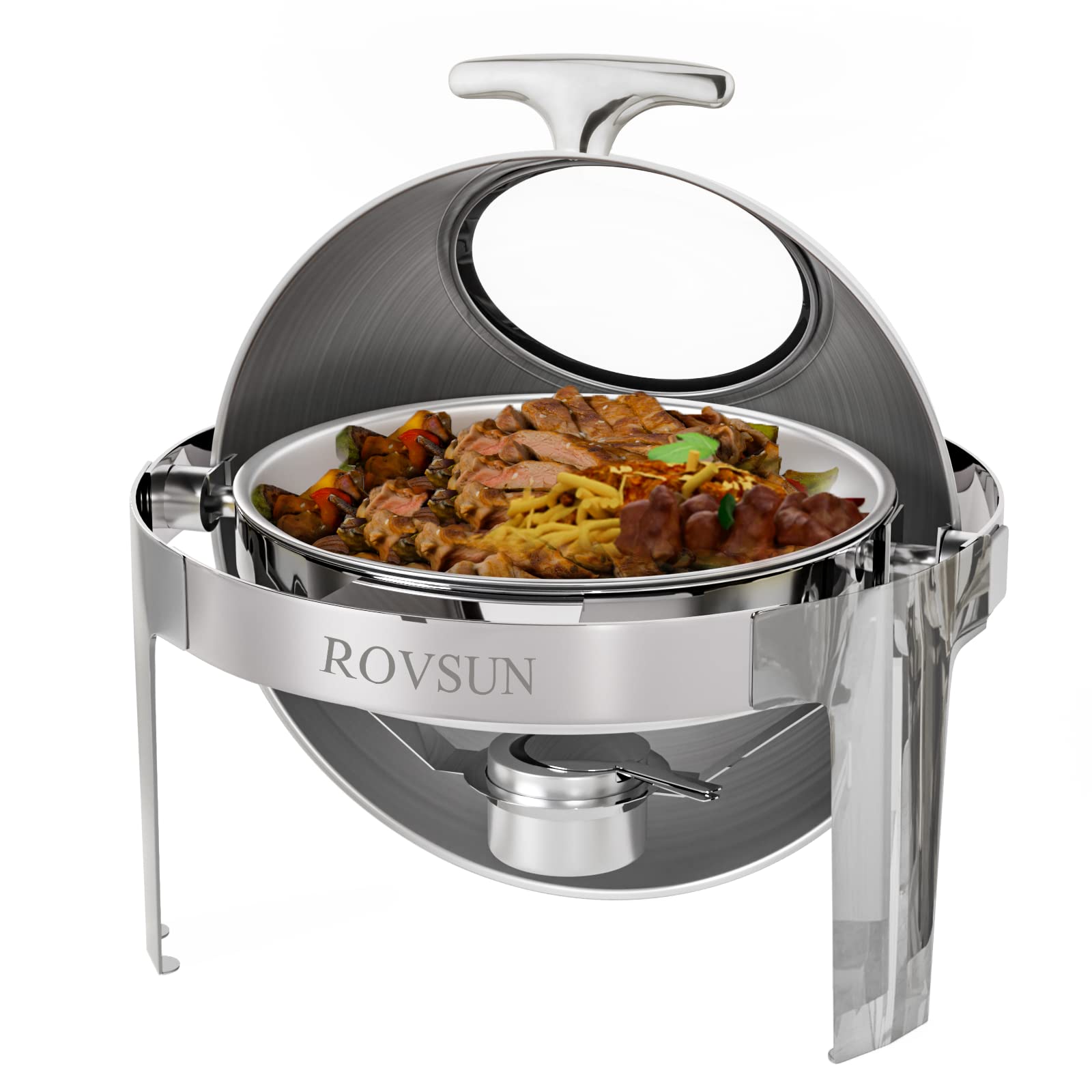 ROVSUN 6 QT Roll Top Round Silver Chafing Dish Set with Visible Window