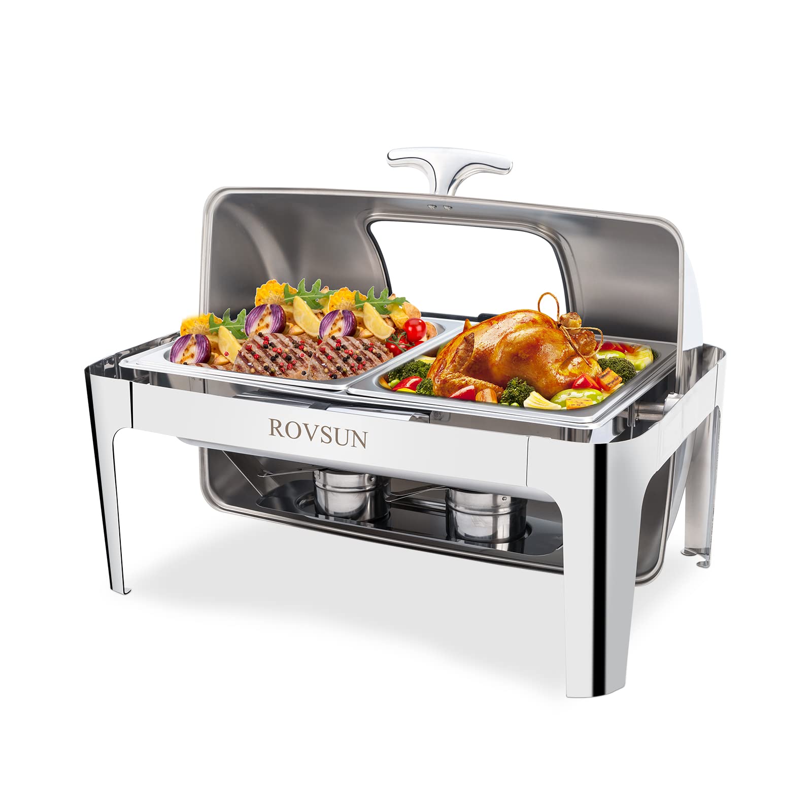 ROVSUN 9 QT Roll Top Rectangle Chafing Dish Set with 2 Half Size Pan & Visible Window