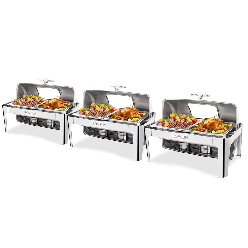 ROVSUN 9 QT Rectangle Roll Top Chafing Dish Buffet Set with 2 Half Size Pan & Glass Window