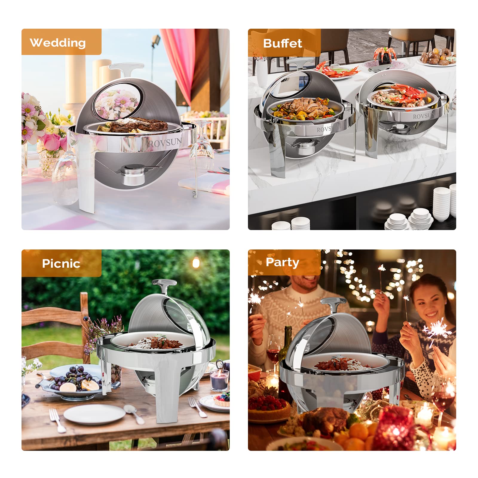 ROVSUN 6 QT Roll Top Round Silver Chafing Dish Set with Visible Window