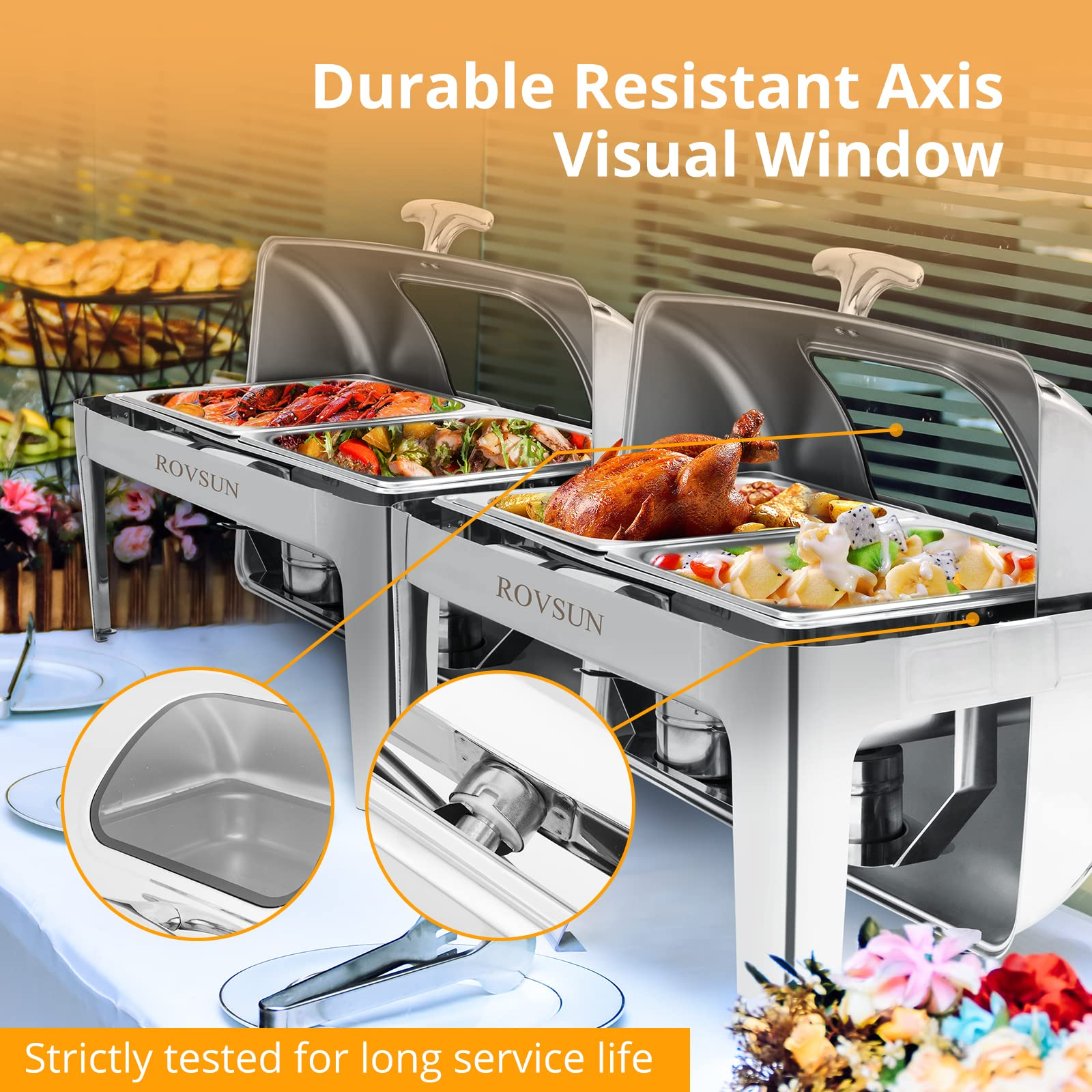 ROVSUN 9 QT Roll Top Rectangle Chafing Dish Buffet Set with 2 Half Size Pan & Visible Window