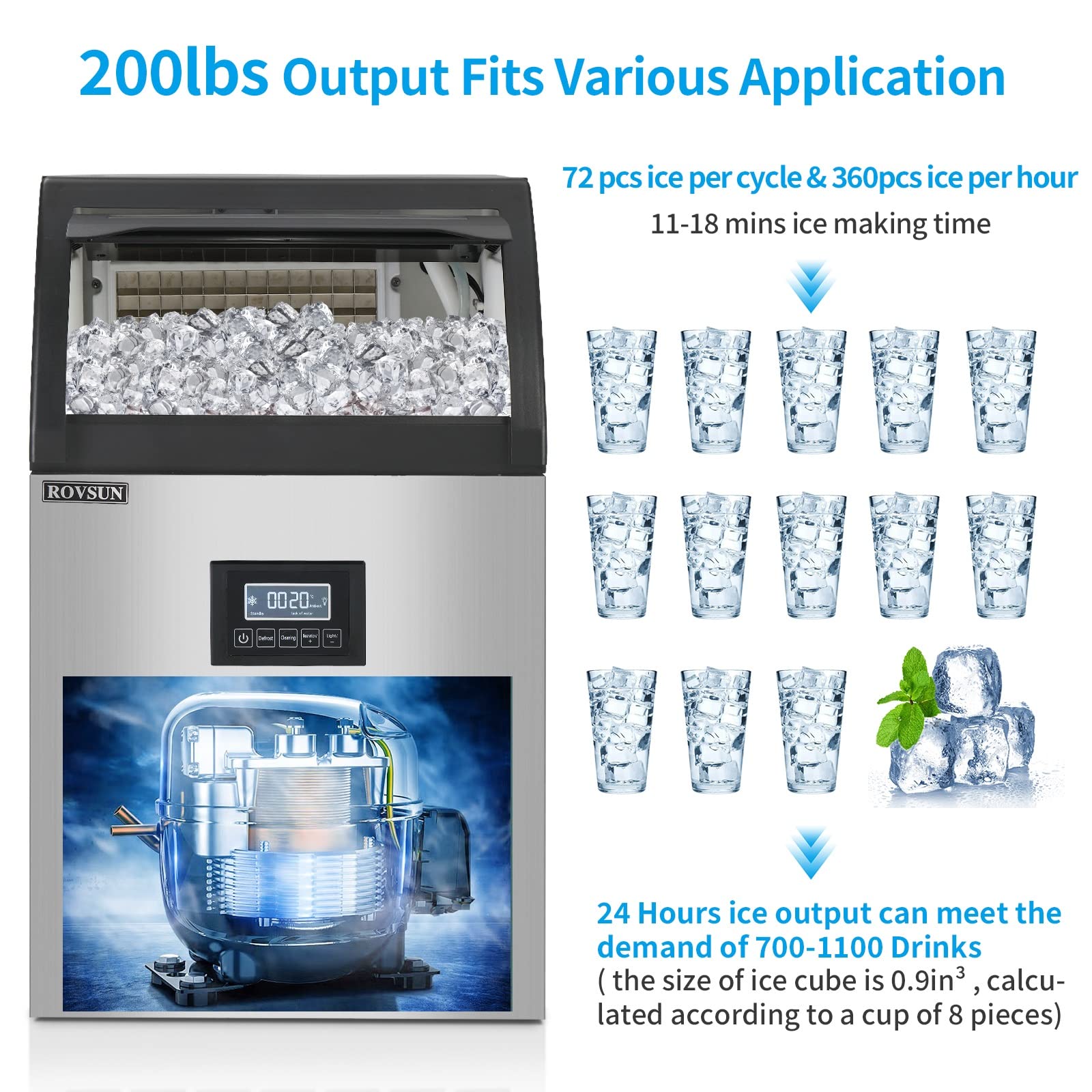 ROVSUN 19" 200 lb. 530W 115V Air Cooled Ice Machine Maker Countertop