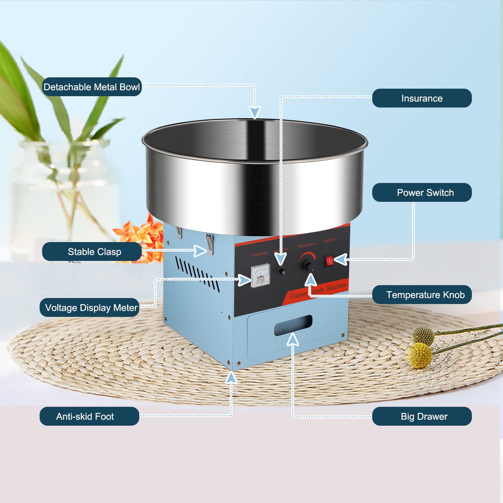 ROVSUN 21" 980W 110V Cotton Candy Machine with Bowl Blue