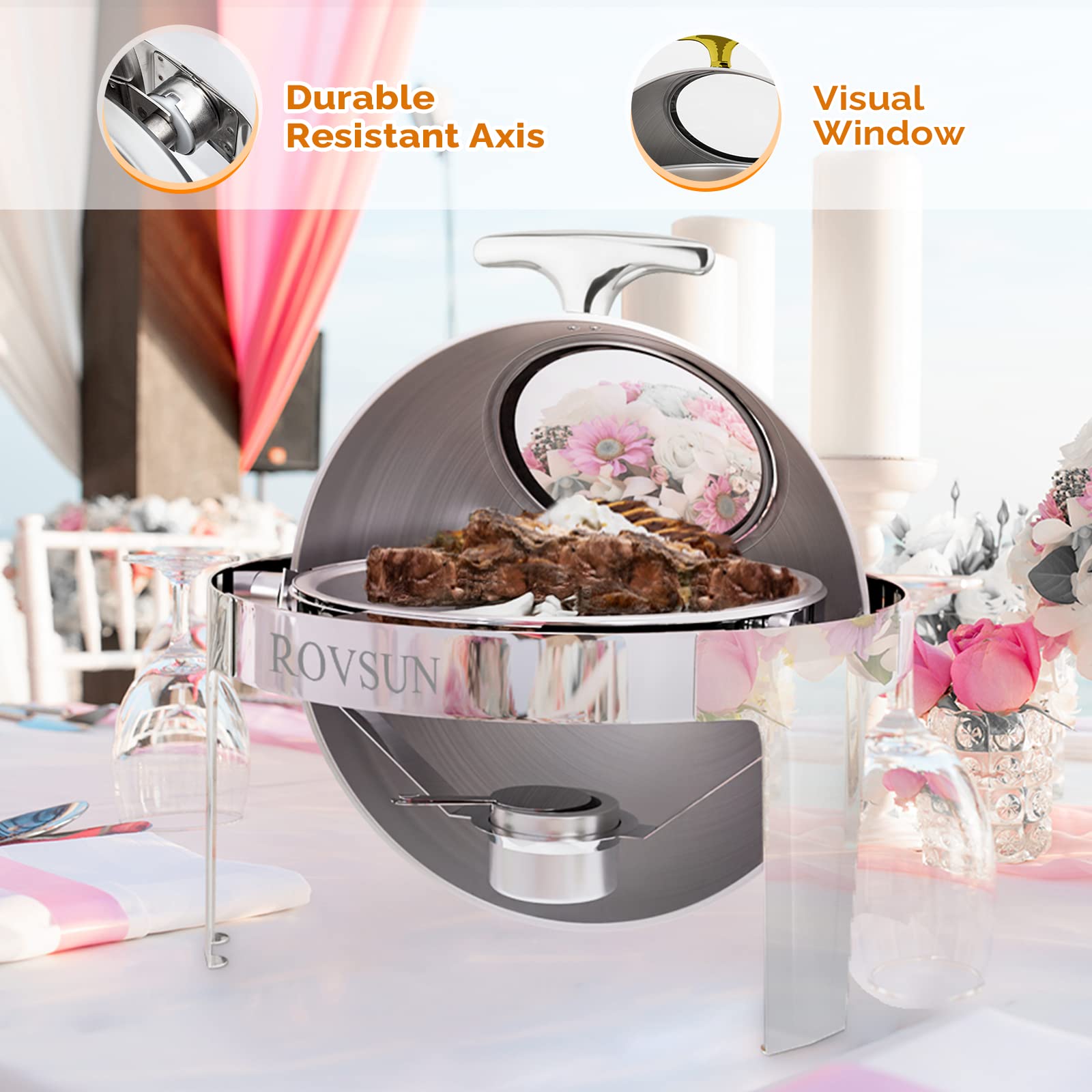 ROVSUN 6 QT Roll Top Round Silver Chafing Dish Buffet Set with Visible Window