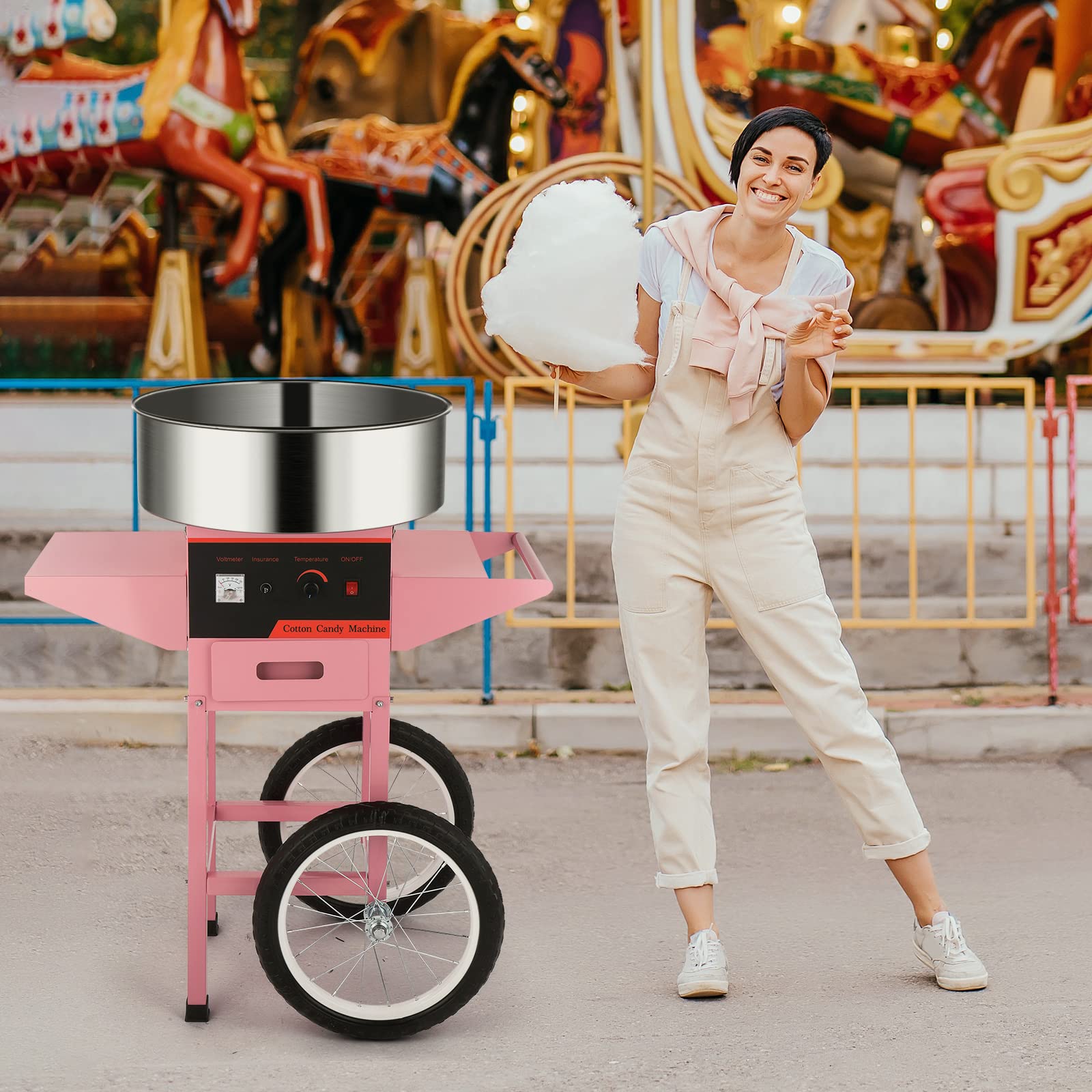 ROVSUN 21" 980W 110V Cotton Candy Machine Cart with Bowl Pink
