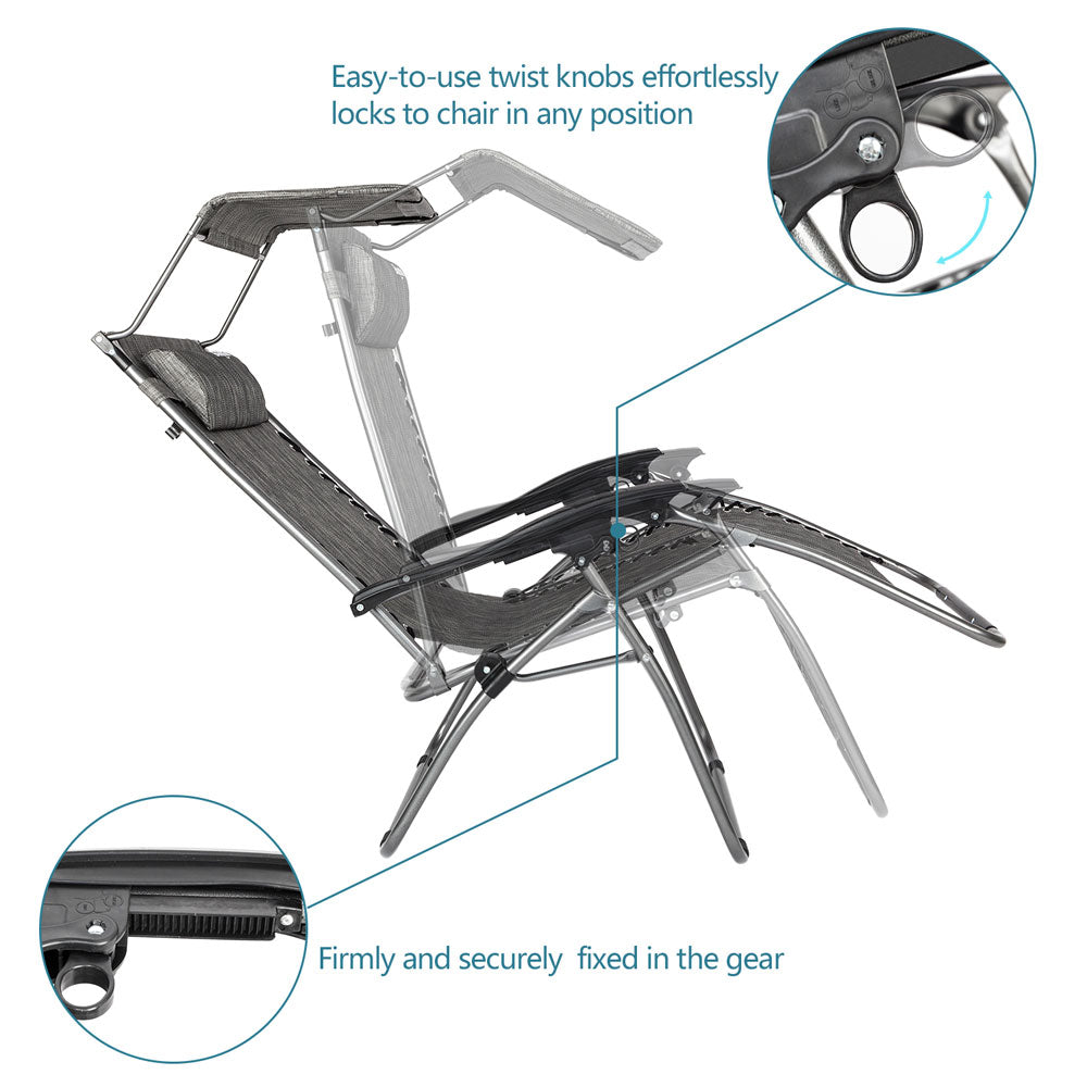 Outdoor Folding Zero Gravity Lounge Chair with Canopy Grey
