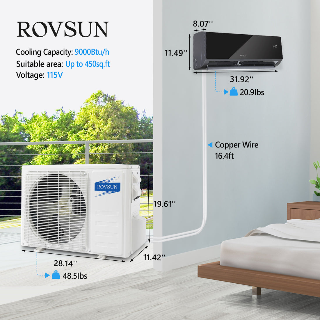 ROVSUN 9,000 BTU Black Mini Split Air Conditioner with Heat 115V - Wifi