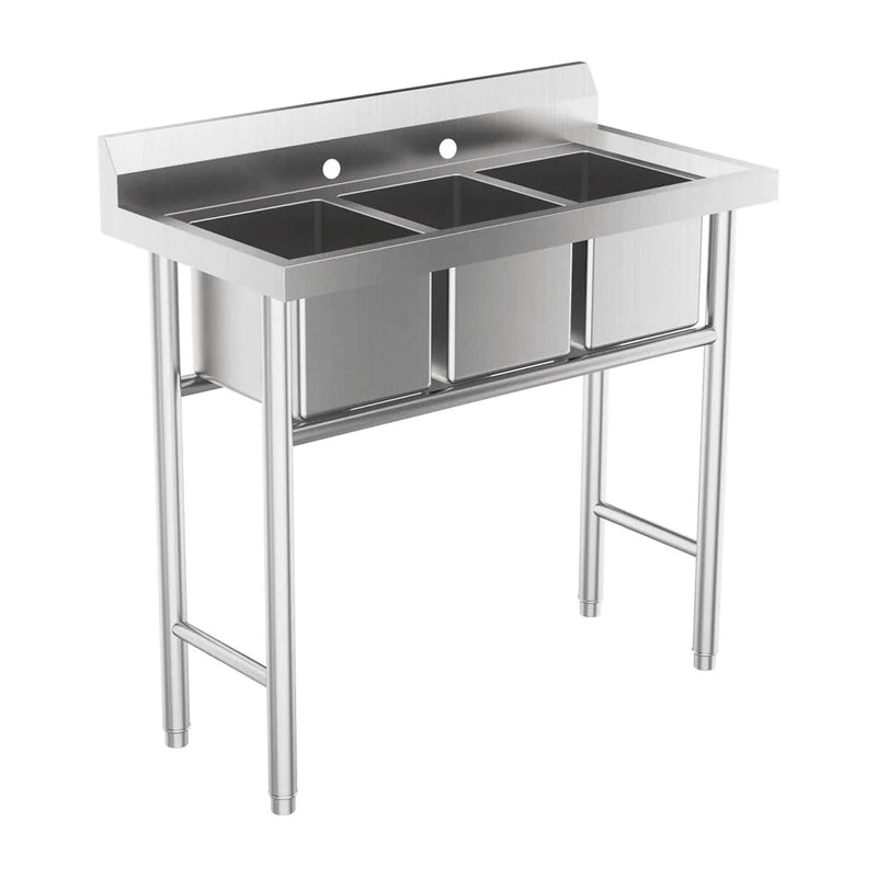 ROVSUN 39 Inch 3 Compartment 304 Stainless Steel Sink Three Bowls Kitchen Sink Freestanding with Backsplash