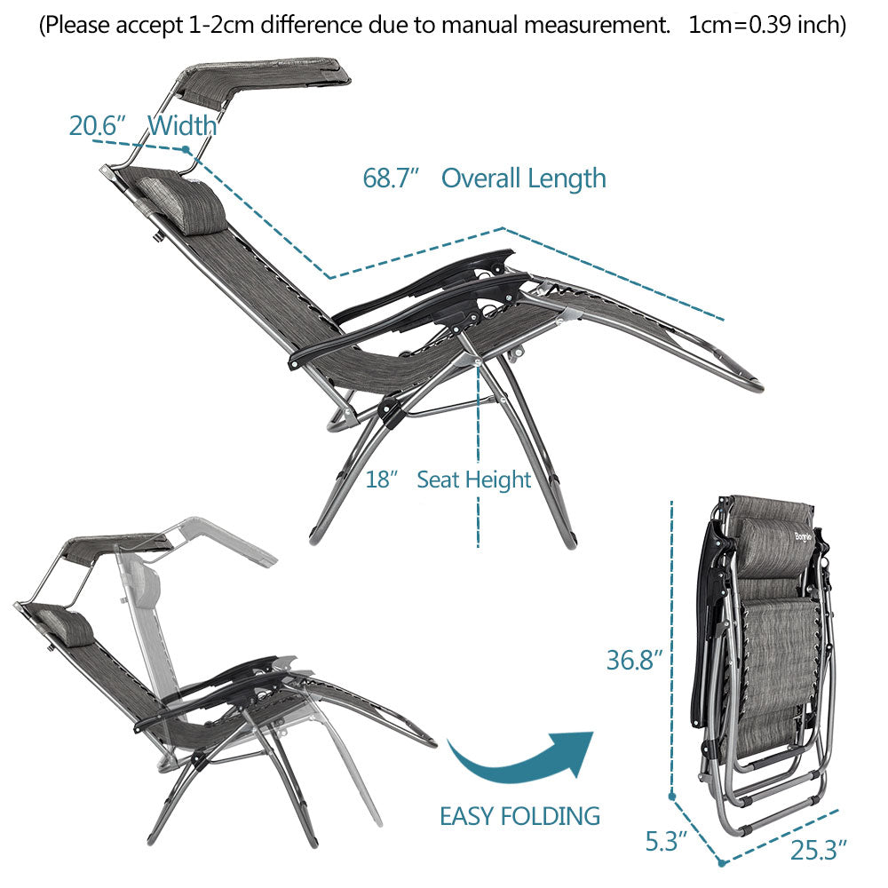Outdoor Folding Zero Gravity Lounge Chair with Canopy Grey