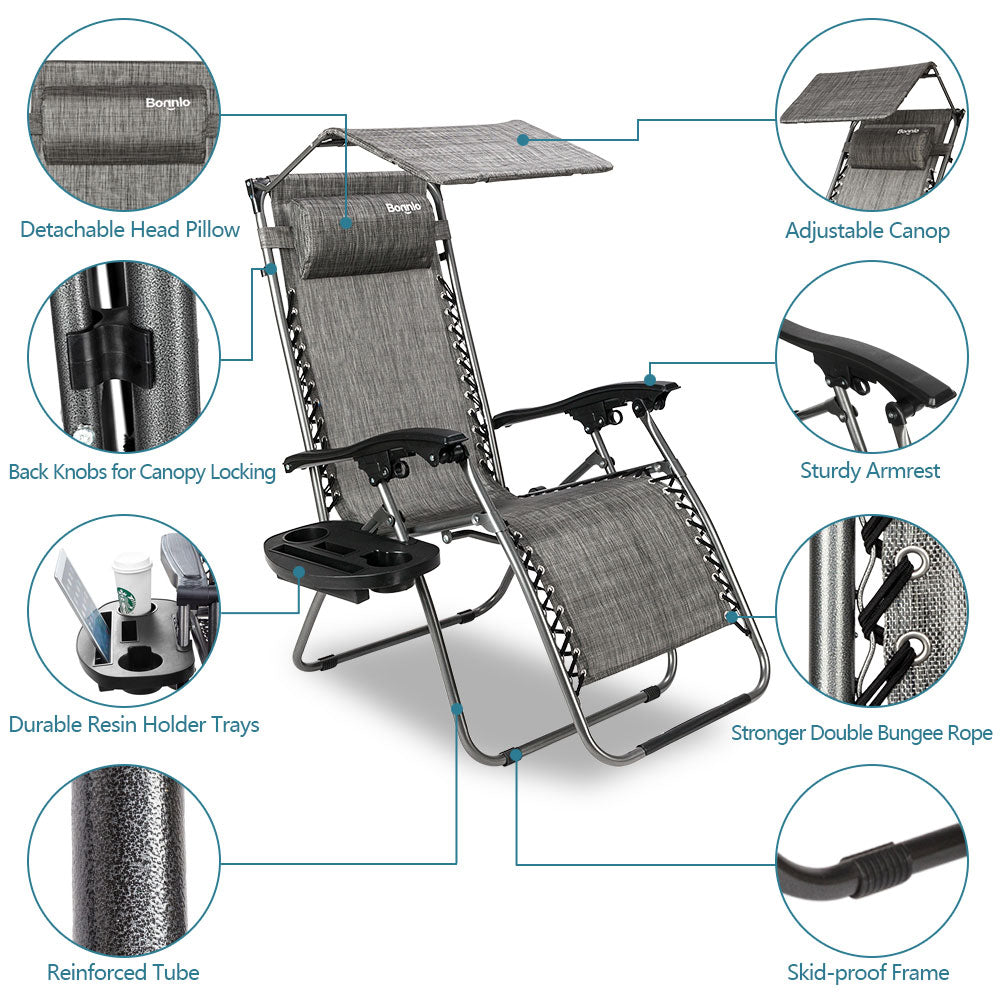 Outdoor Folding Zero Gravity Lounge Chair with Canopy Grey