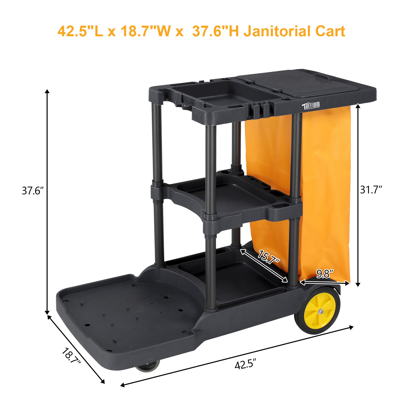 3-Tier 500 LBS Capacity Janitorial Cart with 22 Gallon Bag Black