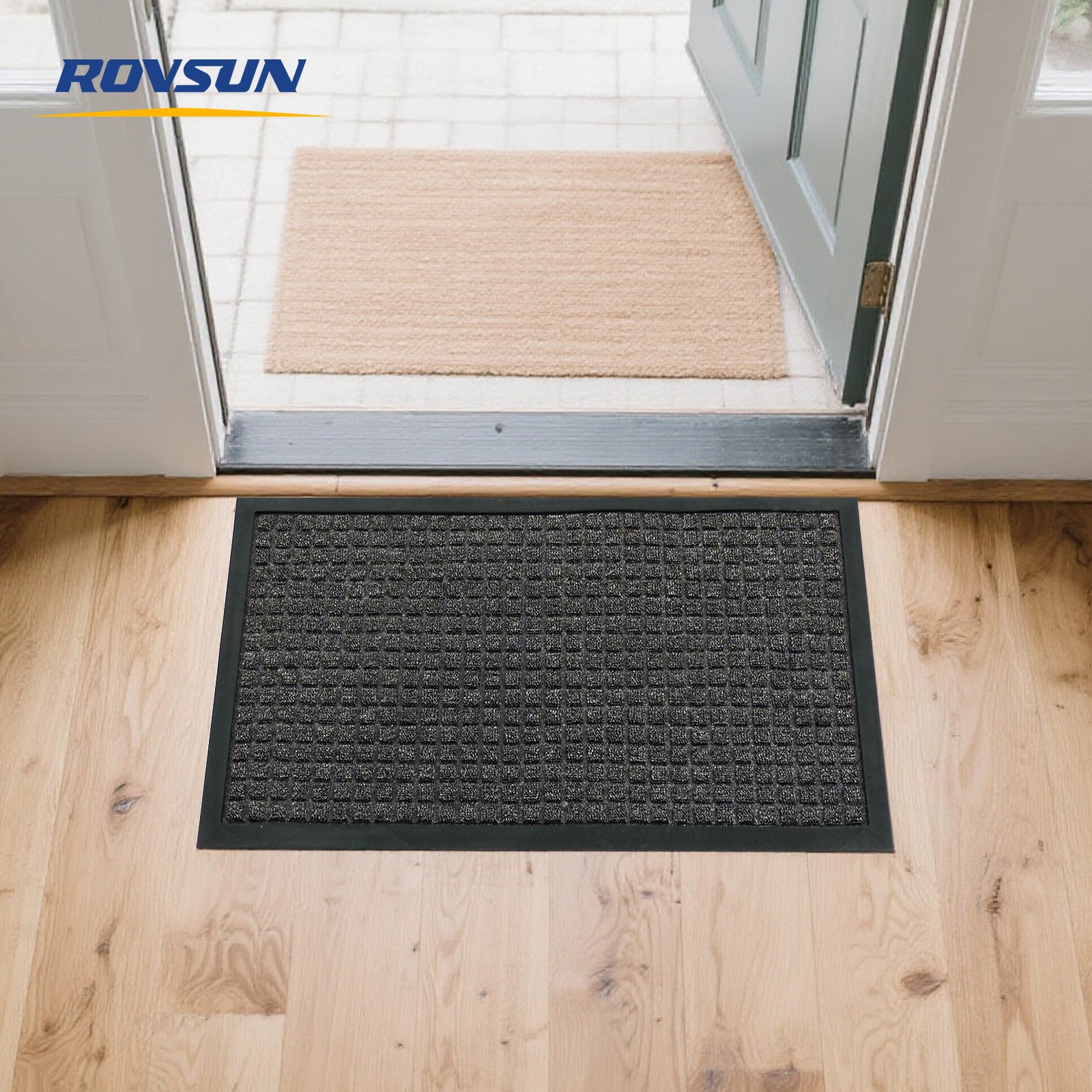 ROVSUN 29.5" × 17.7" Front Door Mat with Square Pattern Non-Slip Grey
